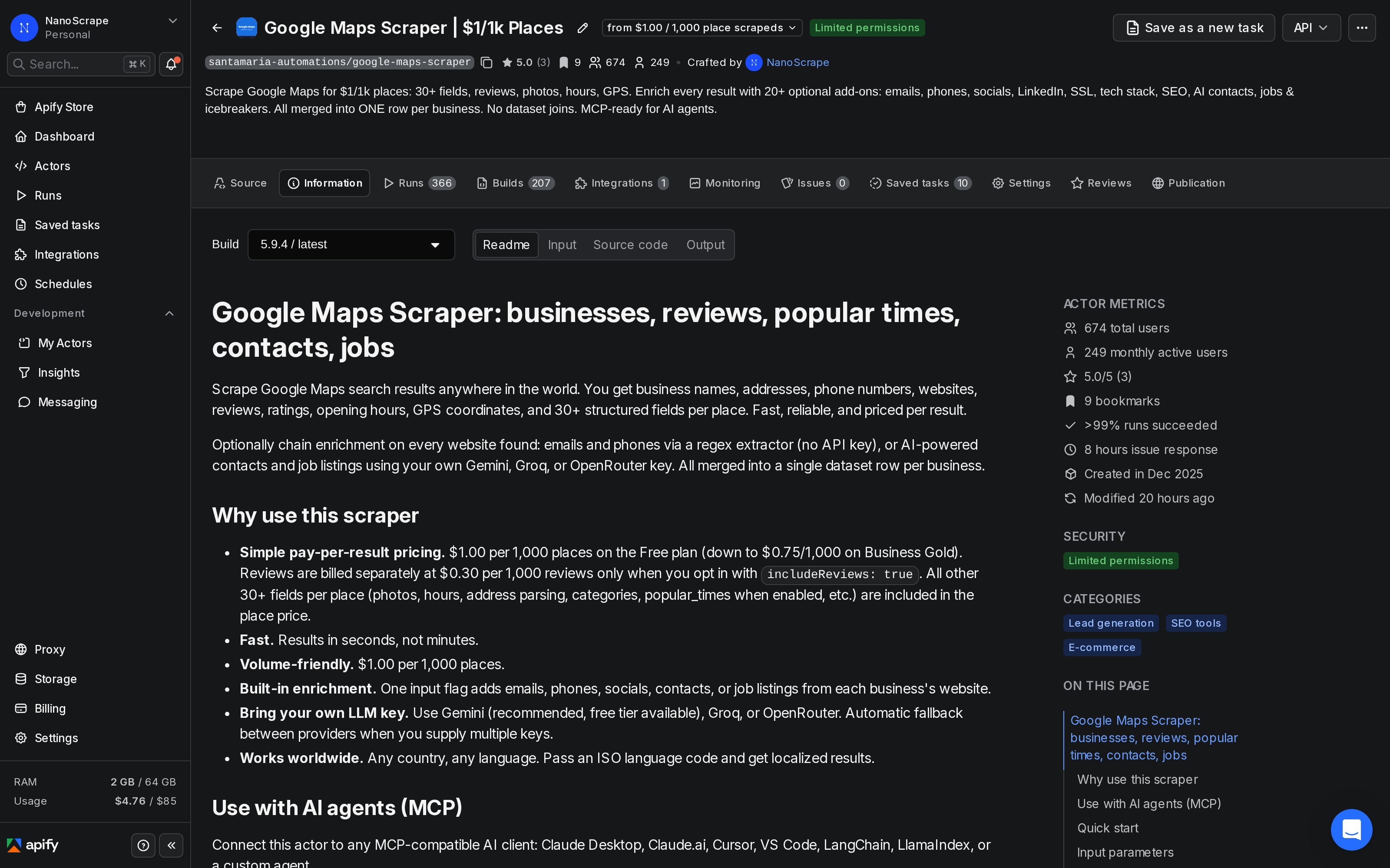Page du NanoScrape Google Maps Scraper sur Apify Console avec le bouton Try for free en evidence