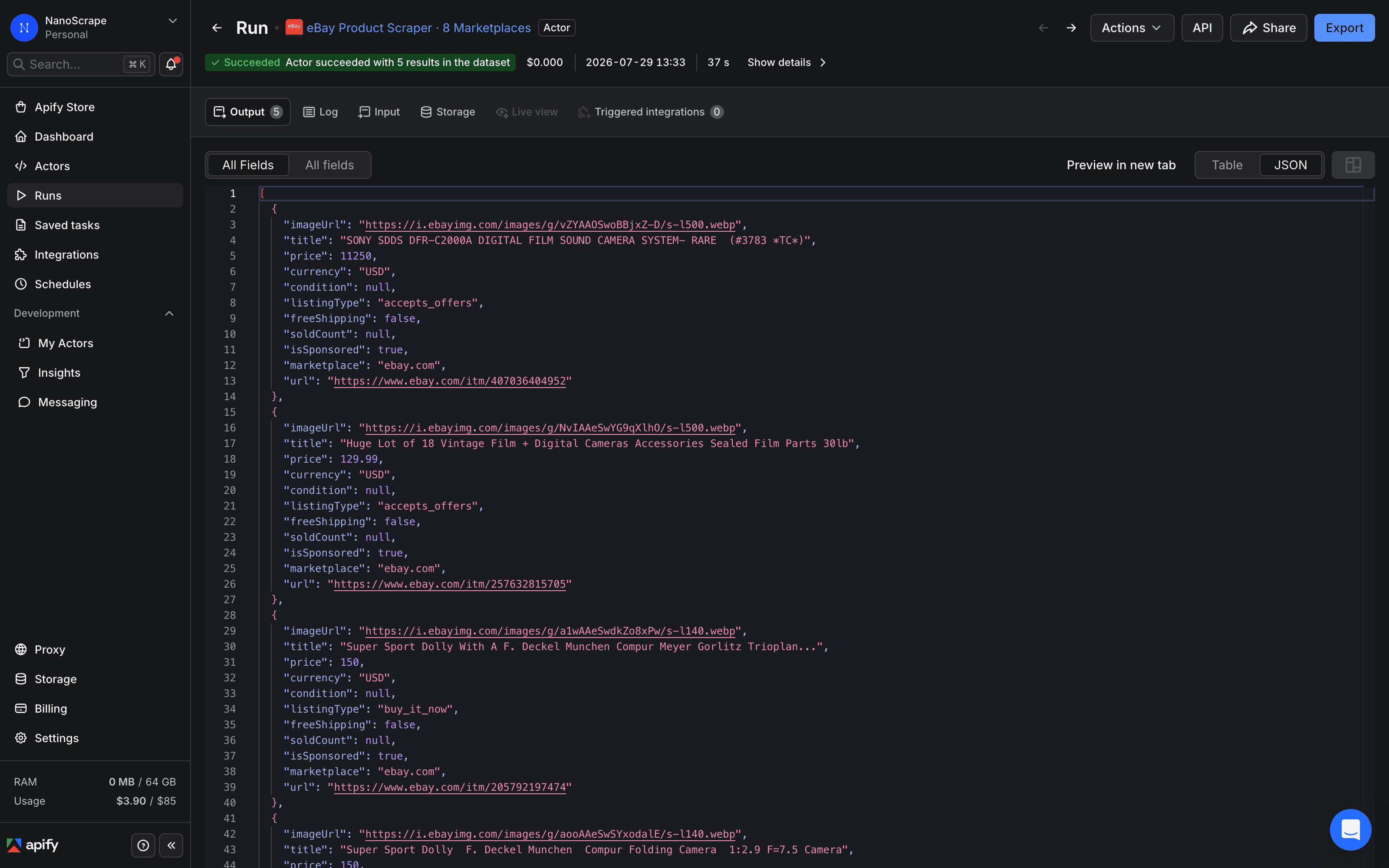 JSON output from the NanoScrape eBay Product Scraper showing price, condition, listing type, bids count, shipping cost, sold count, and watcher count fields