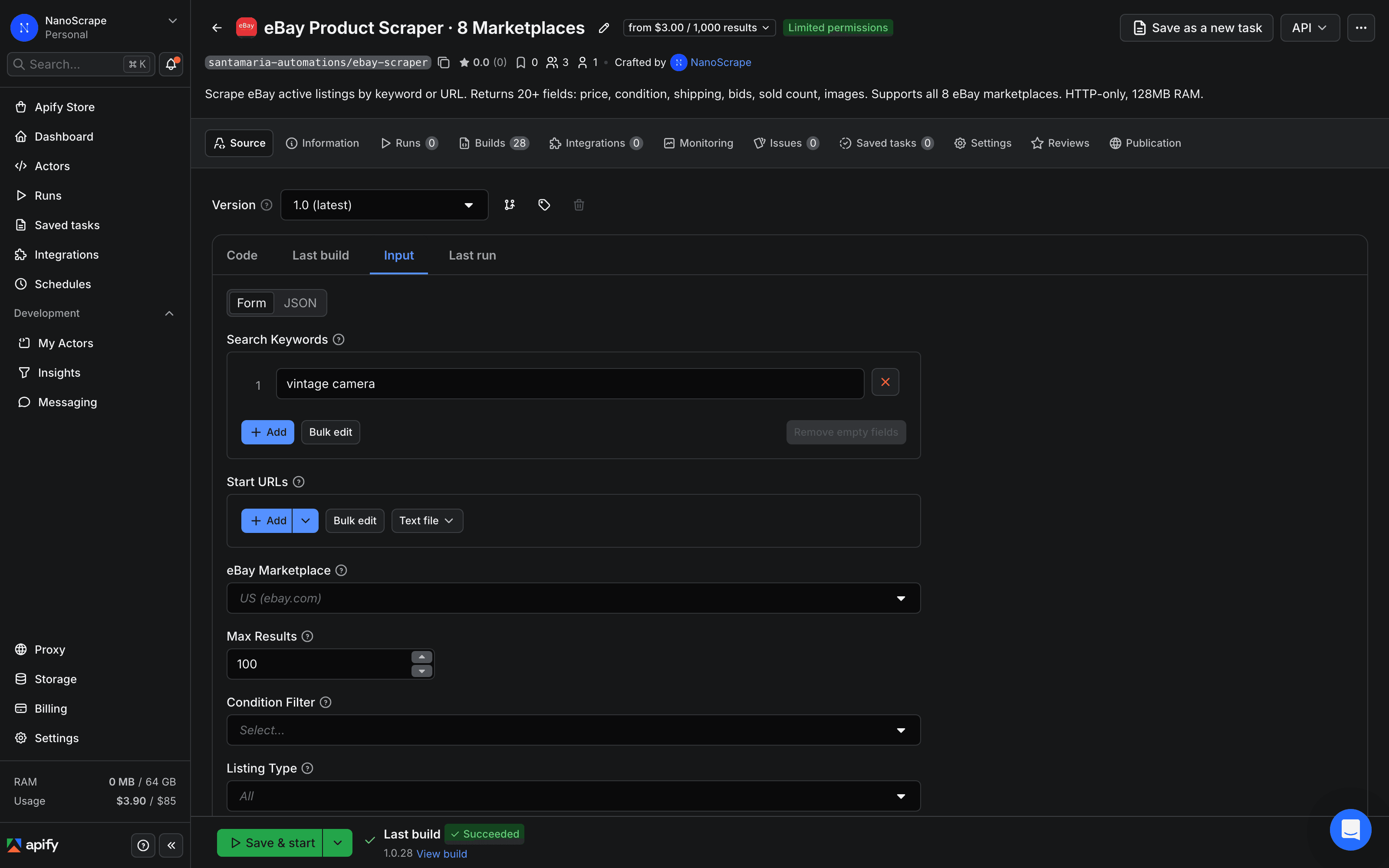 Apify Console showing the eBay Product Scraper input form with Search Queries, Marketplace, and Max Results fields ready to fill in