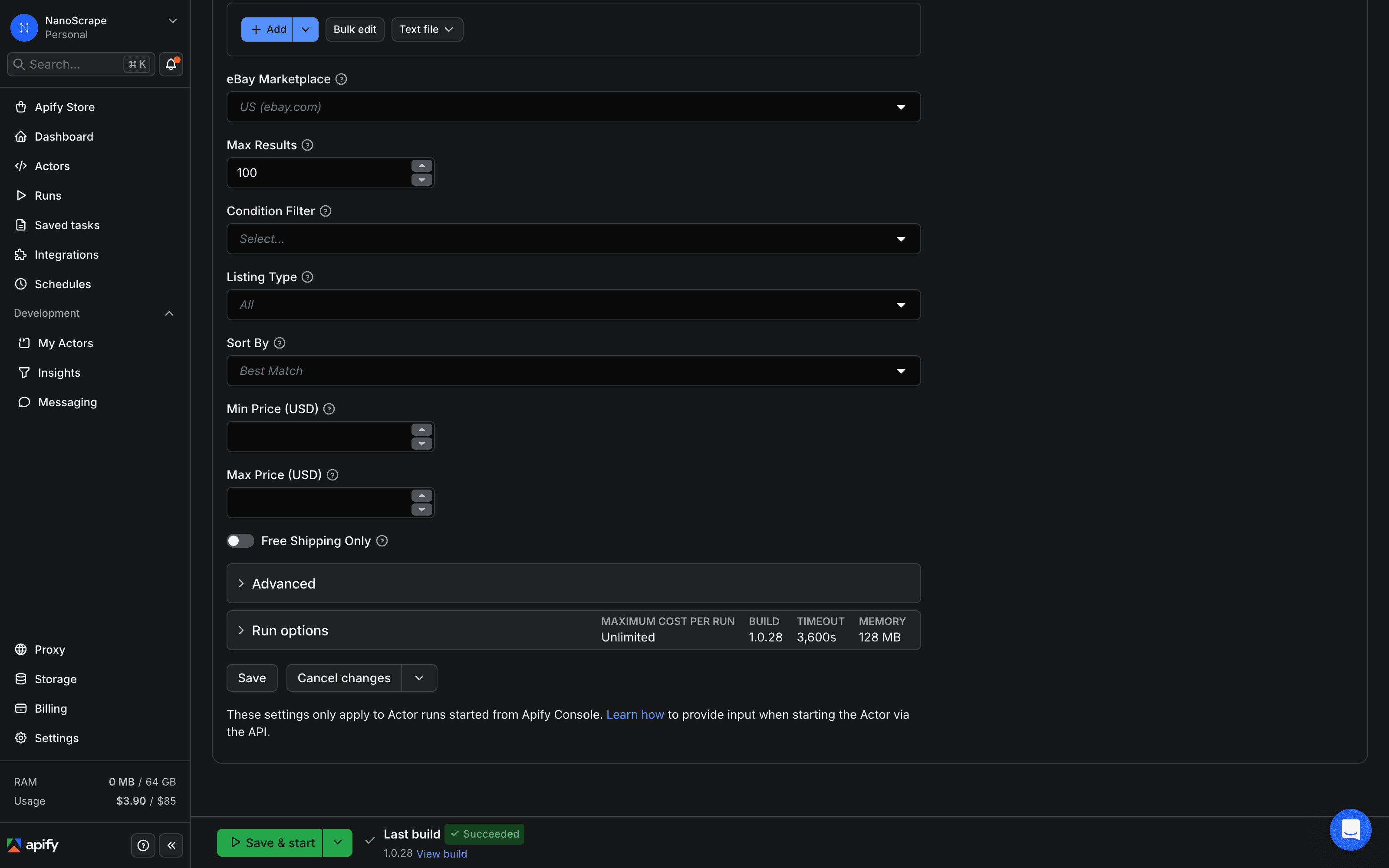 Apify Console input form for the eBay Product Scraper with condition set to refurbished, listing type to buy it now, sort by price low, and max price set to 800