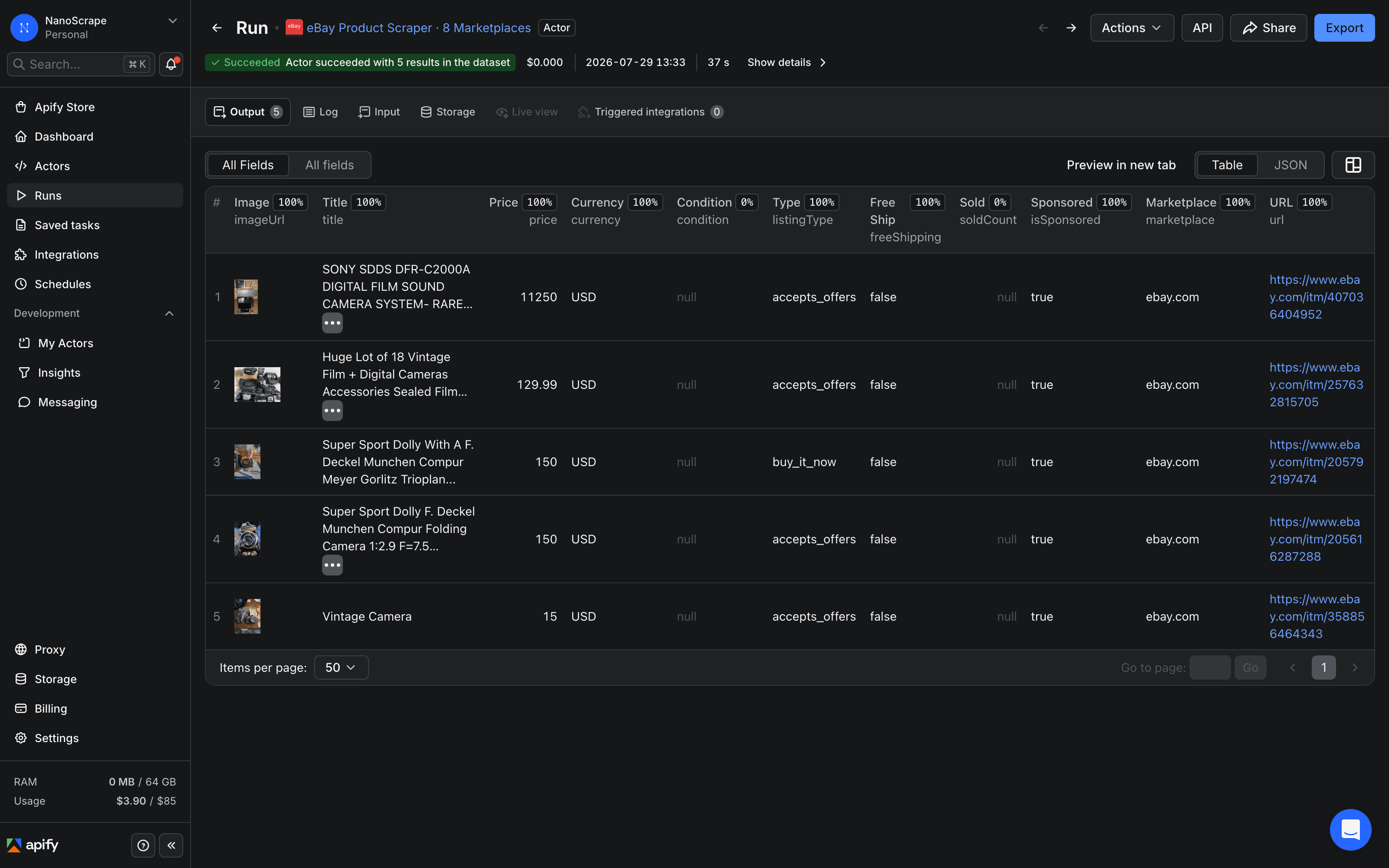 Apify Console Dataset tab showing eBay scraper results in a table with columns for title, price, condition, listing type, and seller item location