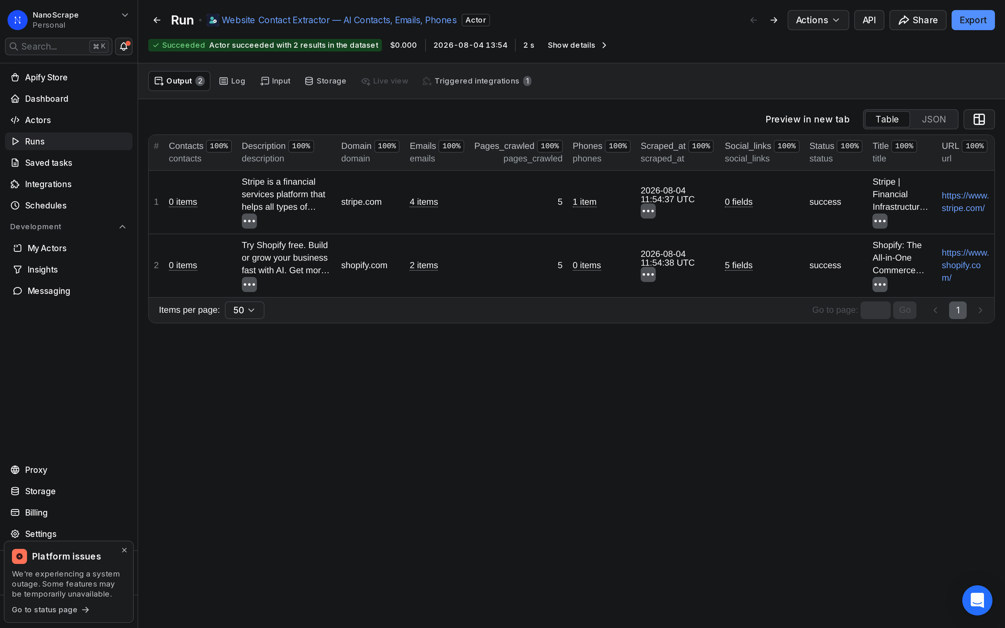 Apify dataset table view showing extracted contact records for company websites with columns for domain, emails array, phones, social links, and pages crawled