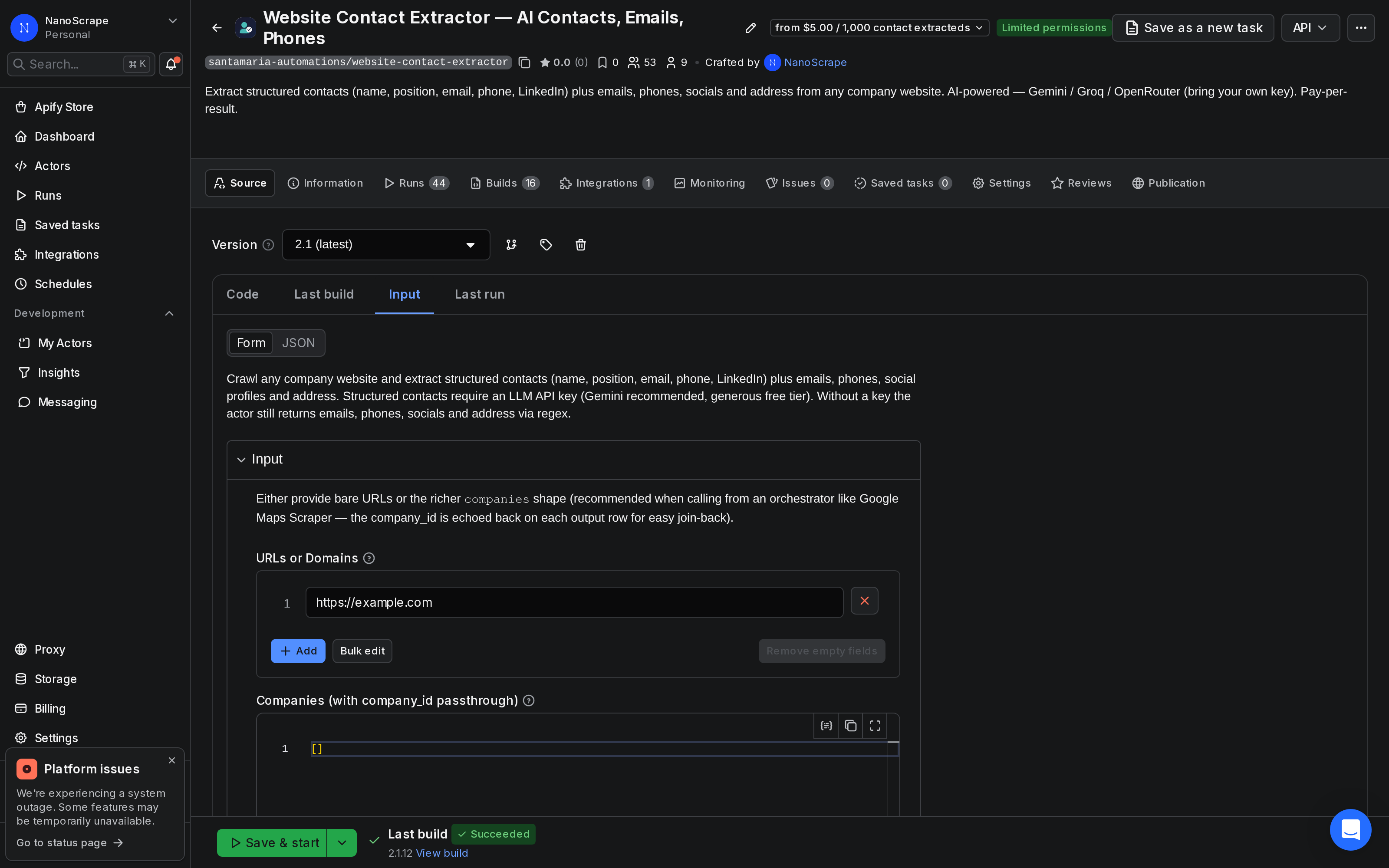 Apify input form for the Website Contact Extractor showing the URLs field pre-filled with stripe.com and shopify.com, and the Max Pages Per URL field set to 15