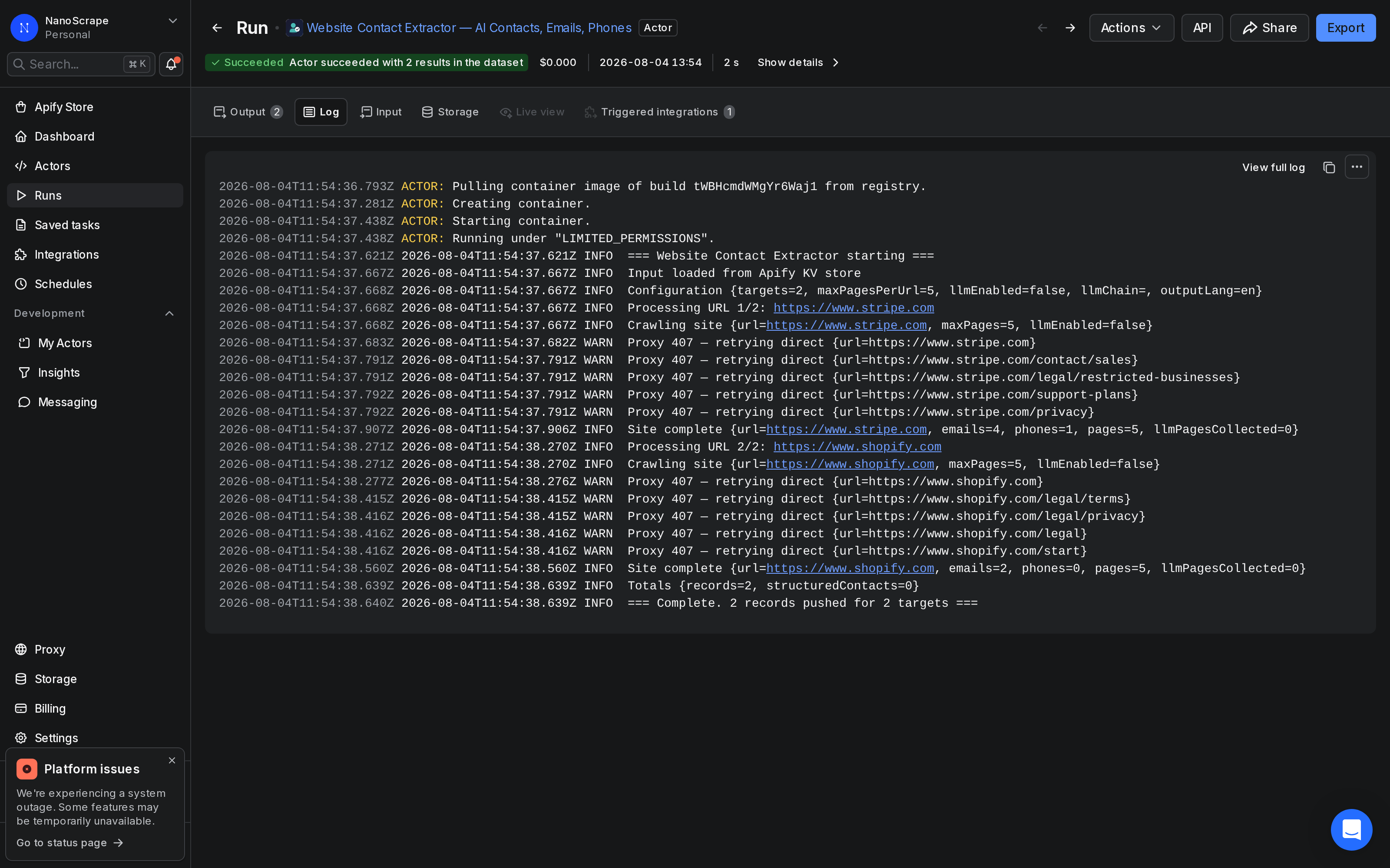 Apify run log for the Website Contact Extractor showing INFO messages as it visits each company website and extracts contact information