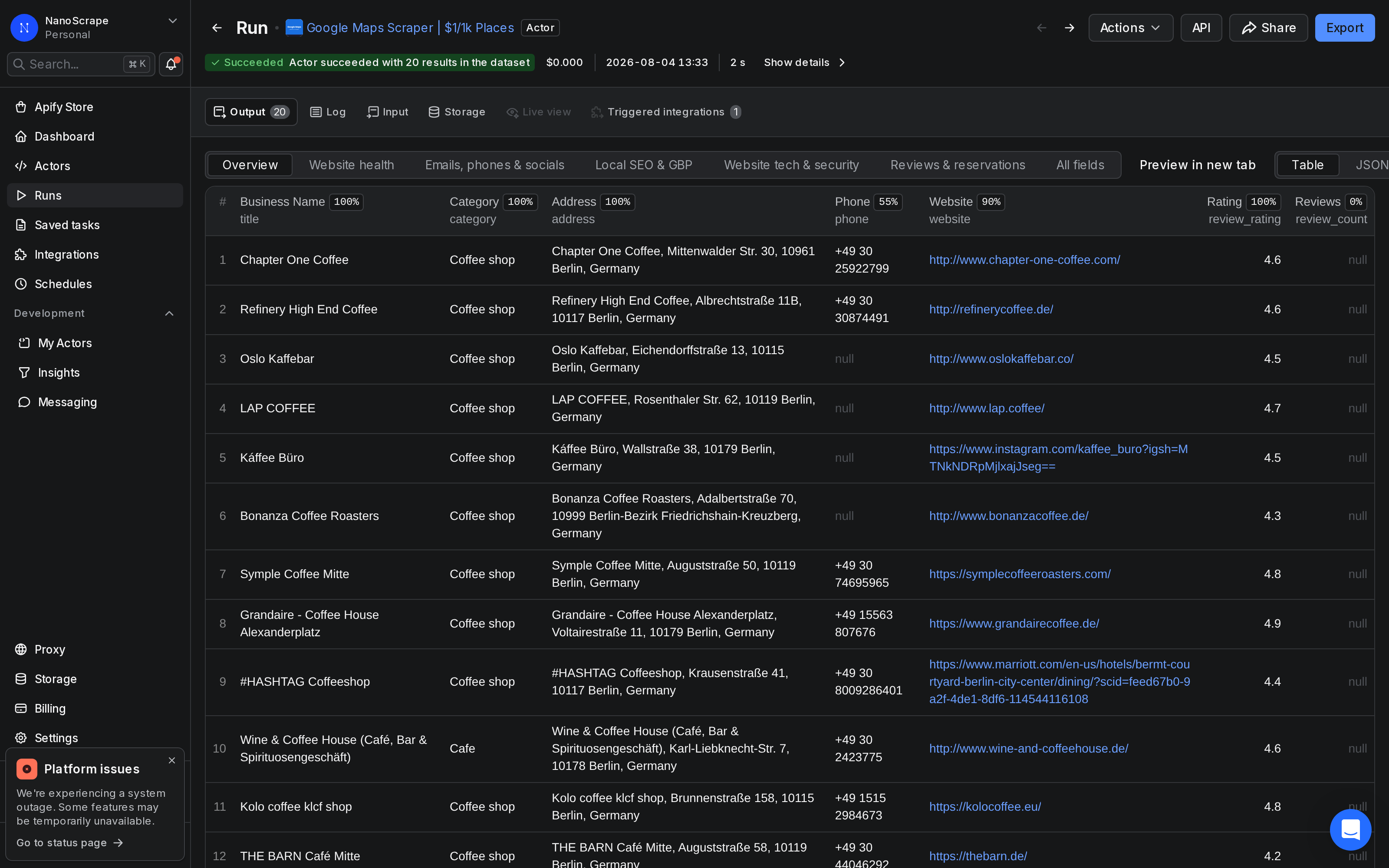 Apify dataset table showing scraped Google Maps place results with columns for business name, address, phone, website, rating, and coordinates