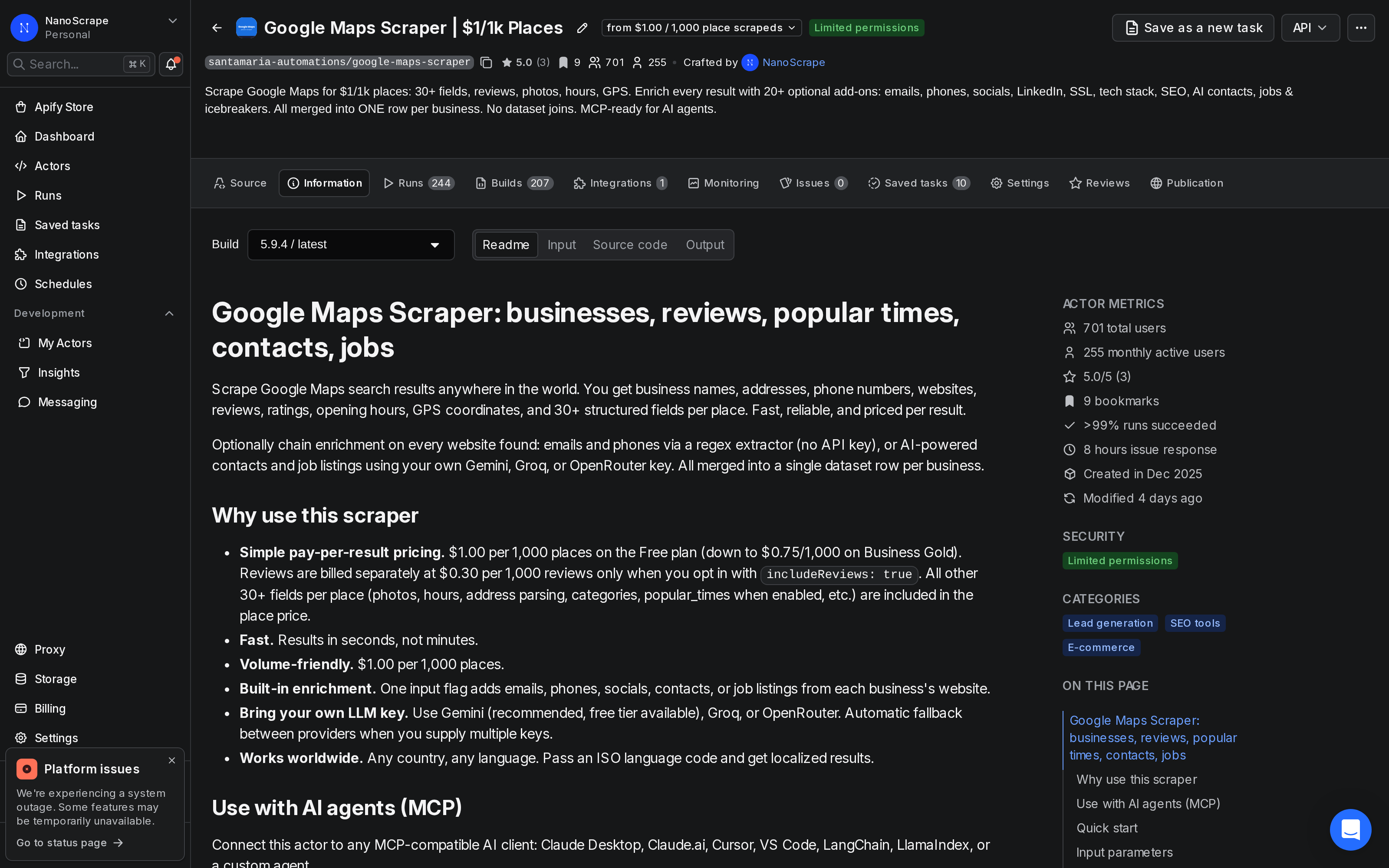Apify Console showing the NanoScrape Google Maps Scraper information tab with description and pricing overview
