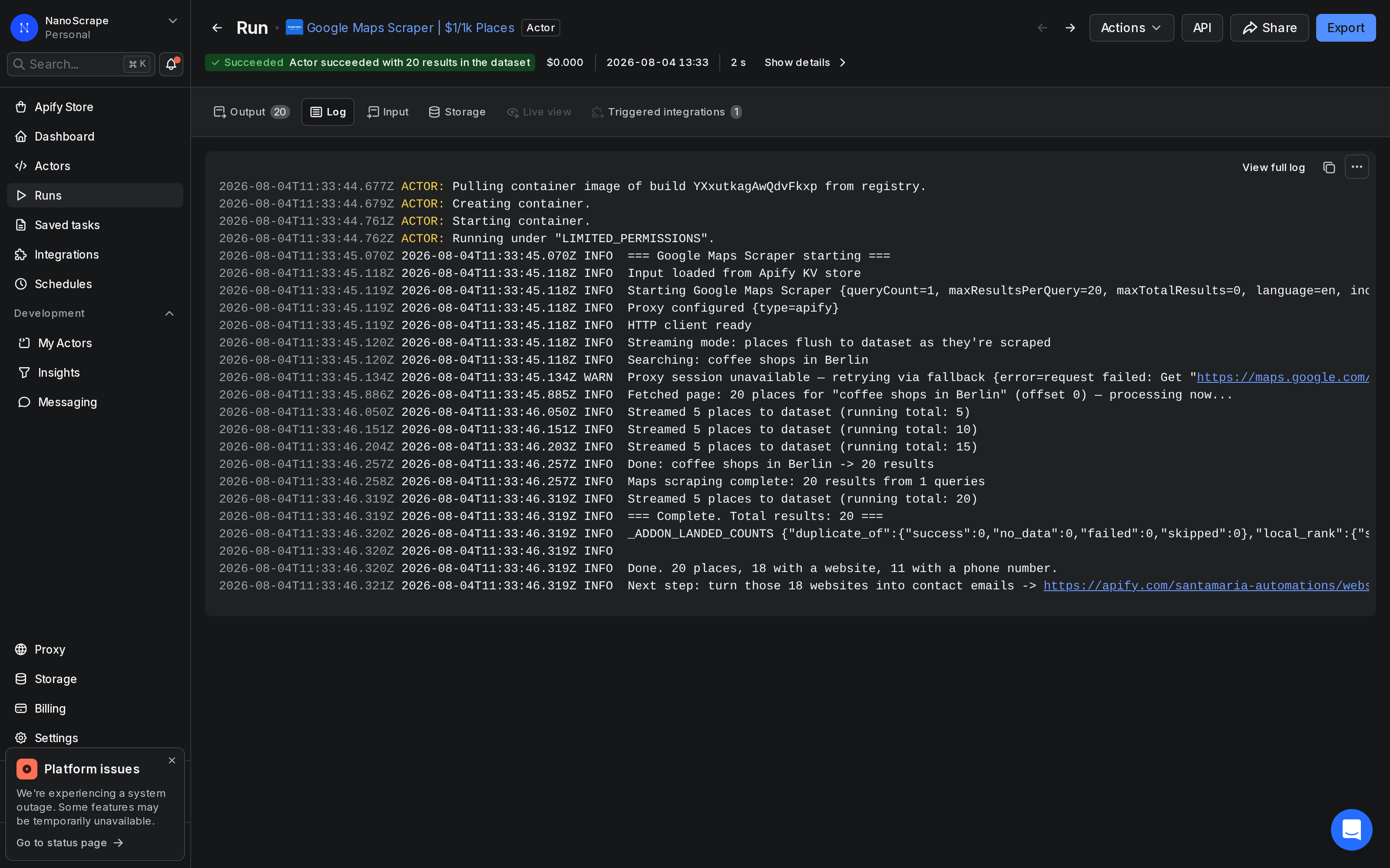 Apify actor run log showing Google Maps Scraper run with SUCCEEDED status and item count in the header bar