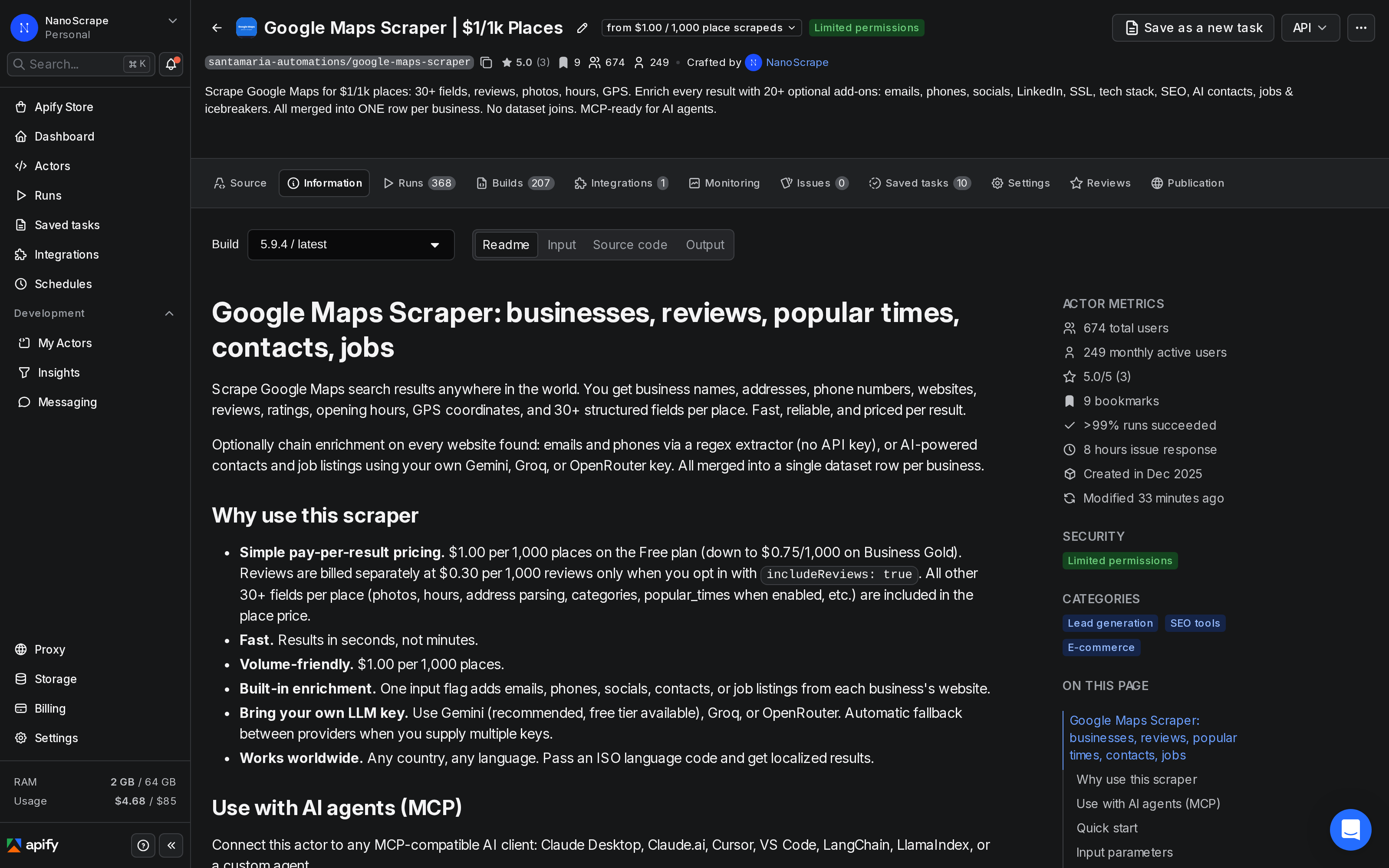 Apify Console showing the Google Maps Scraper actor information page with pricing and feature overview