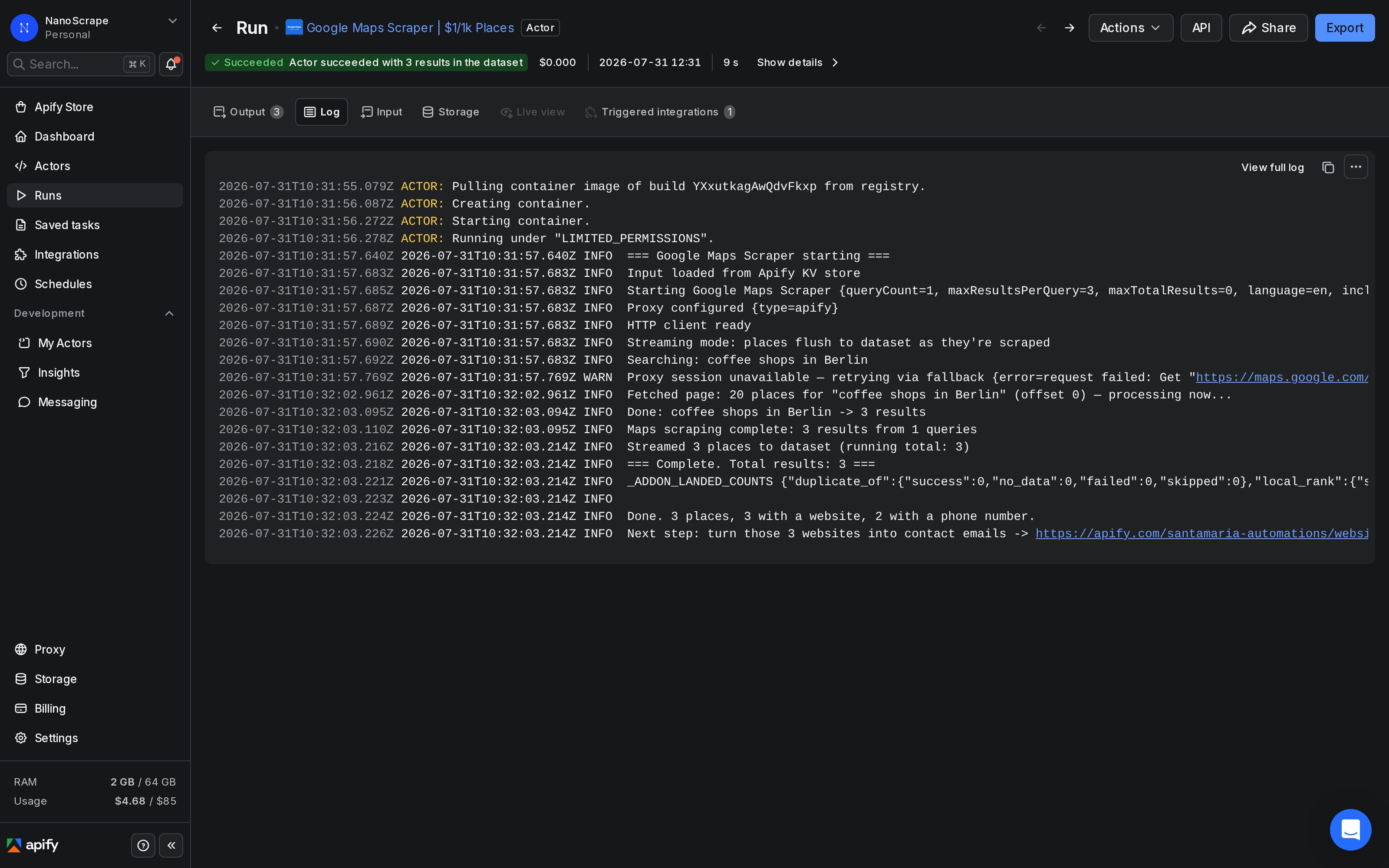 Apify run log showing Google Maps Scraper fetching places with status SUCCEEDED and item count displayed
