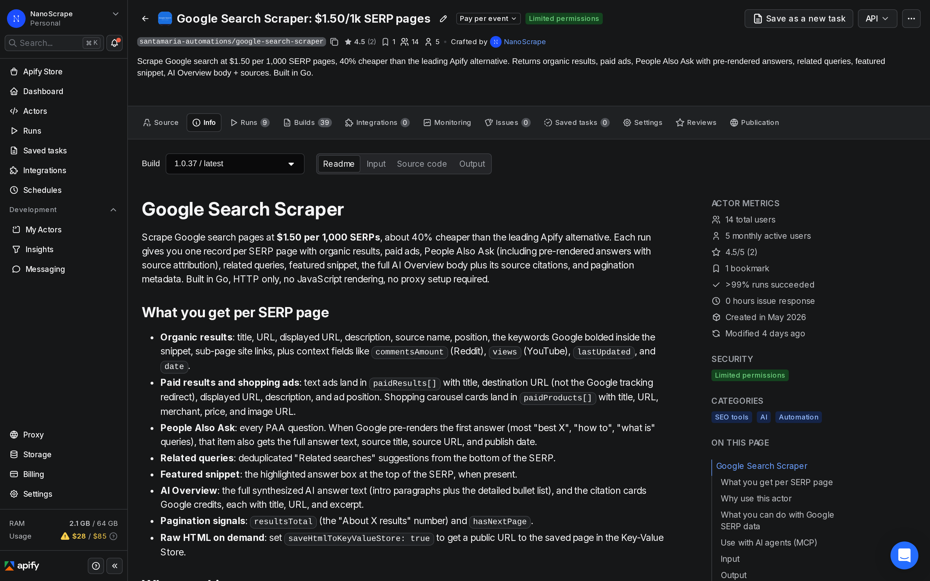 Apify Console showing the NanoScrape Google Search Scraper actor information tab with pricing and field descriptions