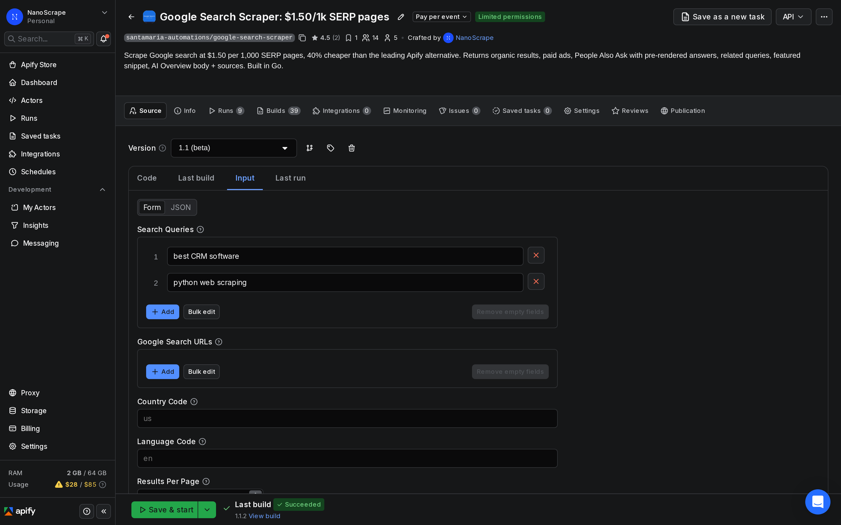 Apify Console Google Search Scraper input form showing the queries field with three SEO keywords entered and country set to us