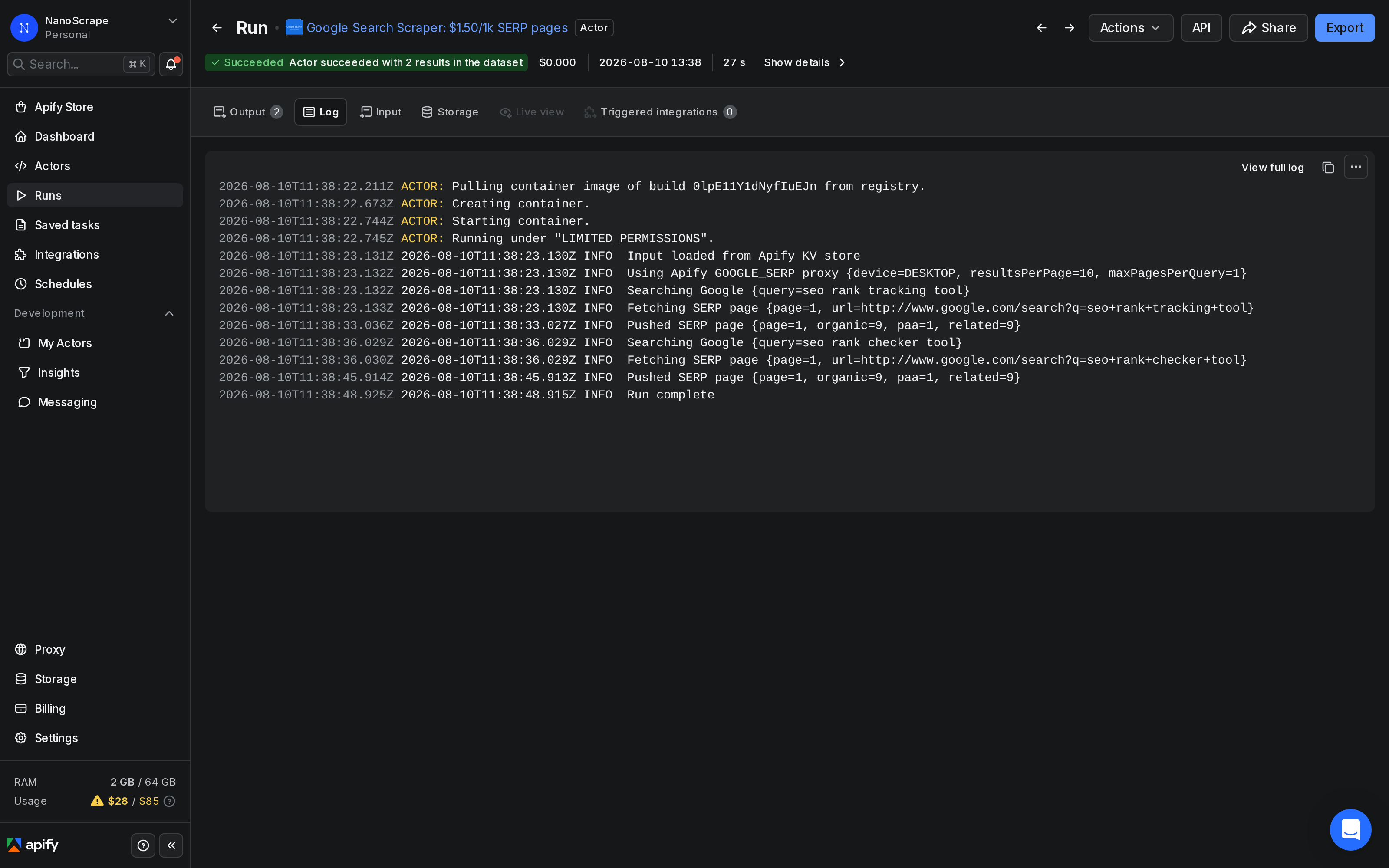 Apify run log for the Google Search Scraper showing SERP pages being fetched with status SUCCEEDED