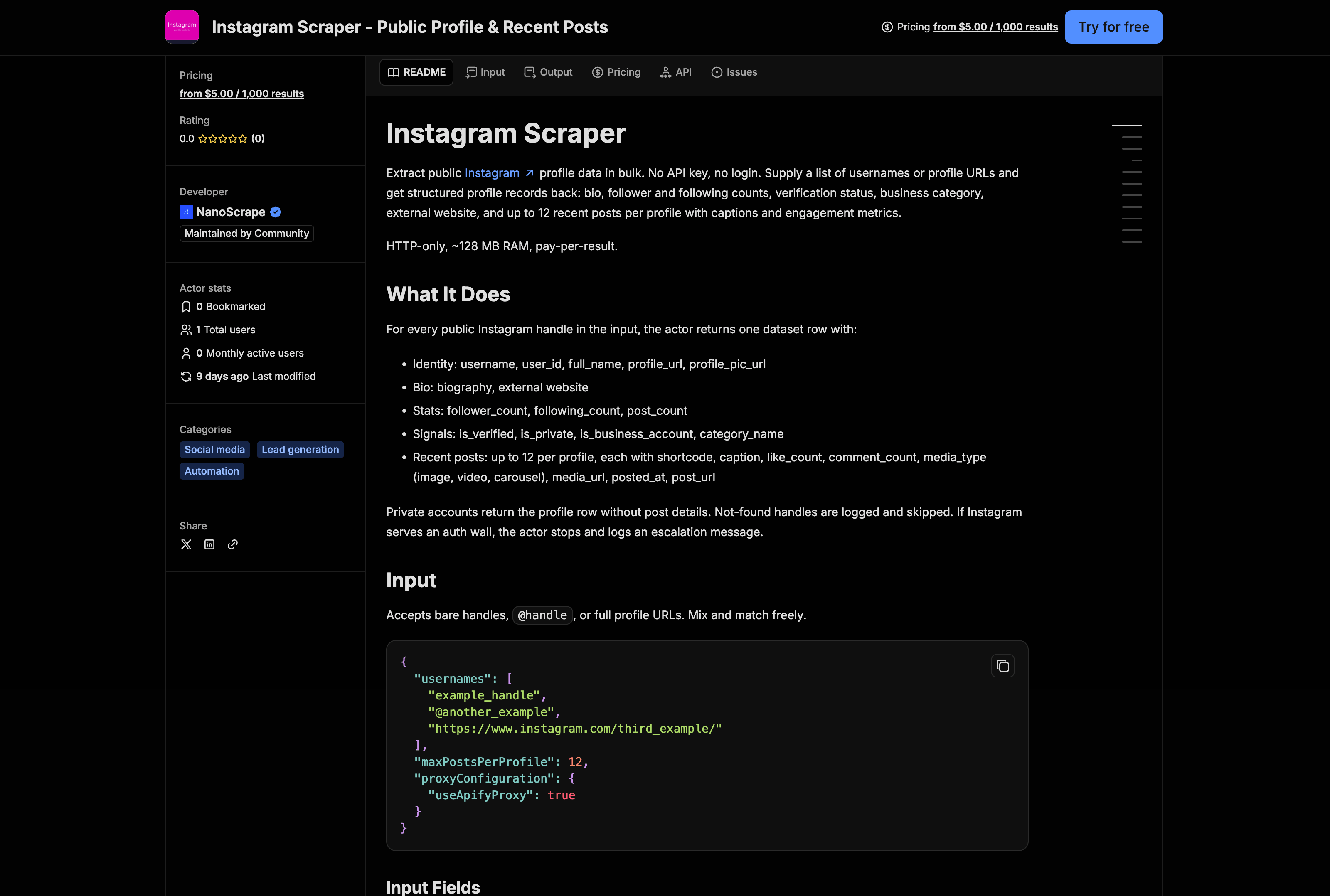 NanoScrape Instagram Scraper actor page on Apify showing the description, pricing, and Try for free button