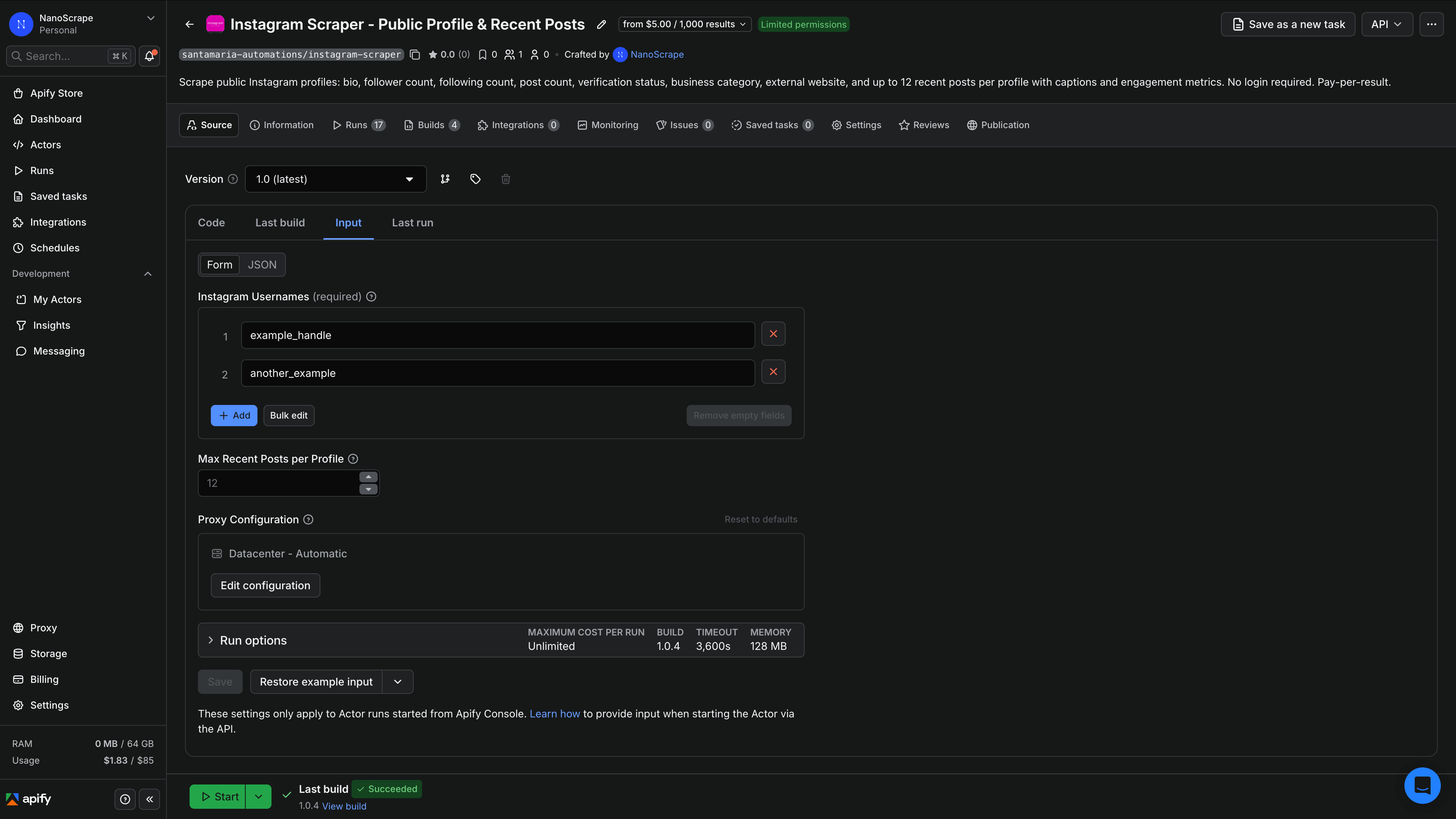 Apify Console input editor for the Instagram Scraper showing the usernames array and maxPostsPerProfile field