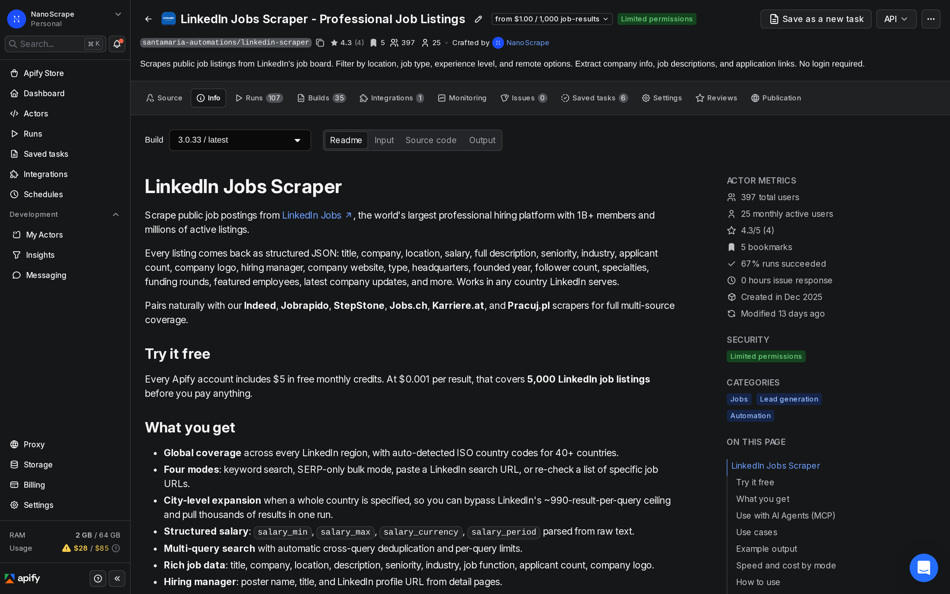 Apify actor page for the NanoScrape LinkedIn Jobs Scraper showing title, description, pricing events, and a Try for free button