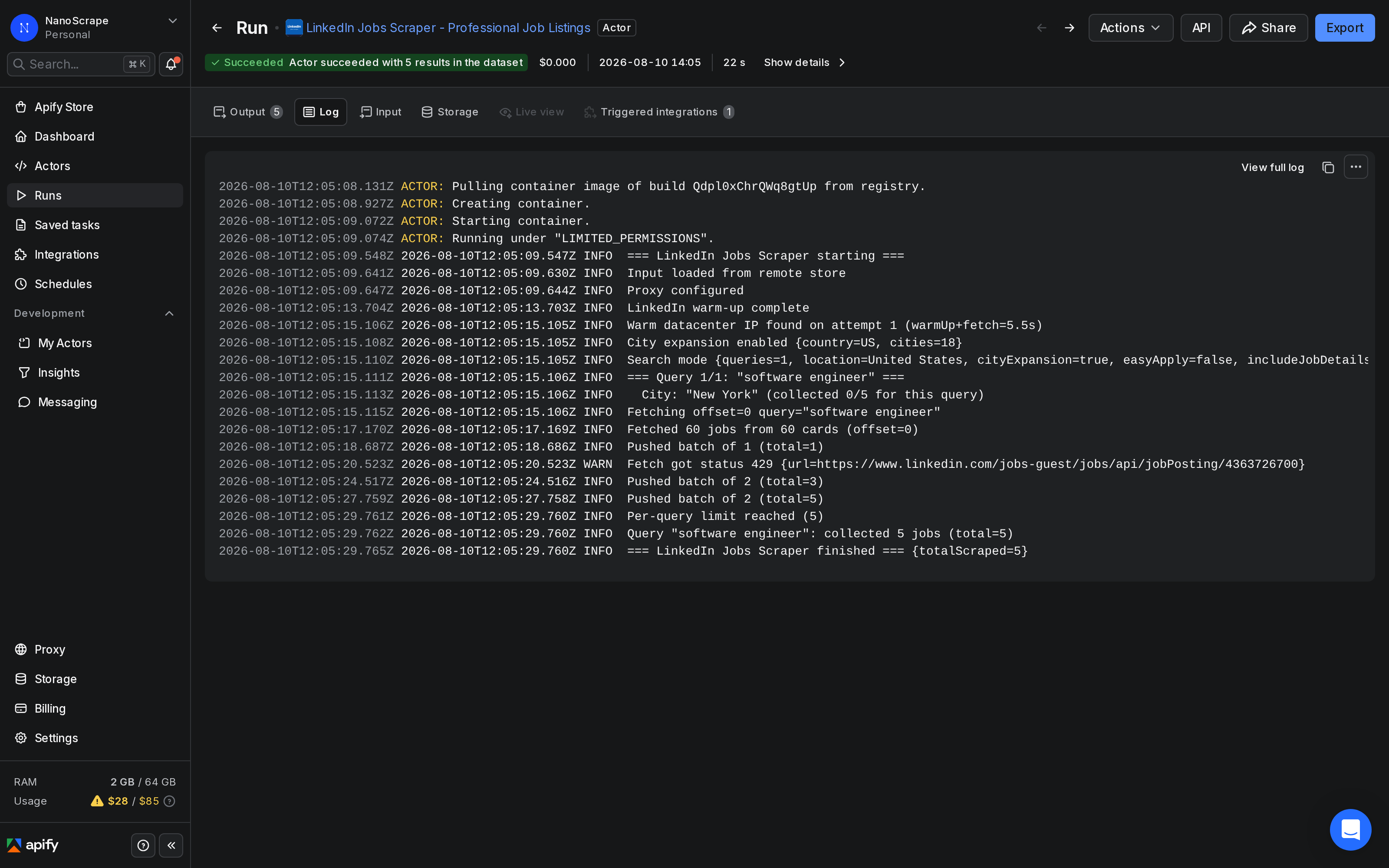 Apify Console run log for the LinkedIn Jobs Scraper showing job titles being processed with a running item count
