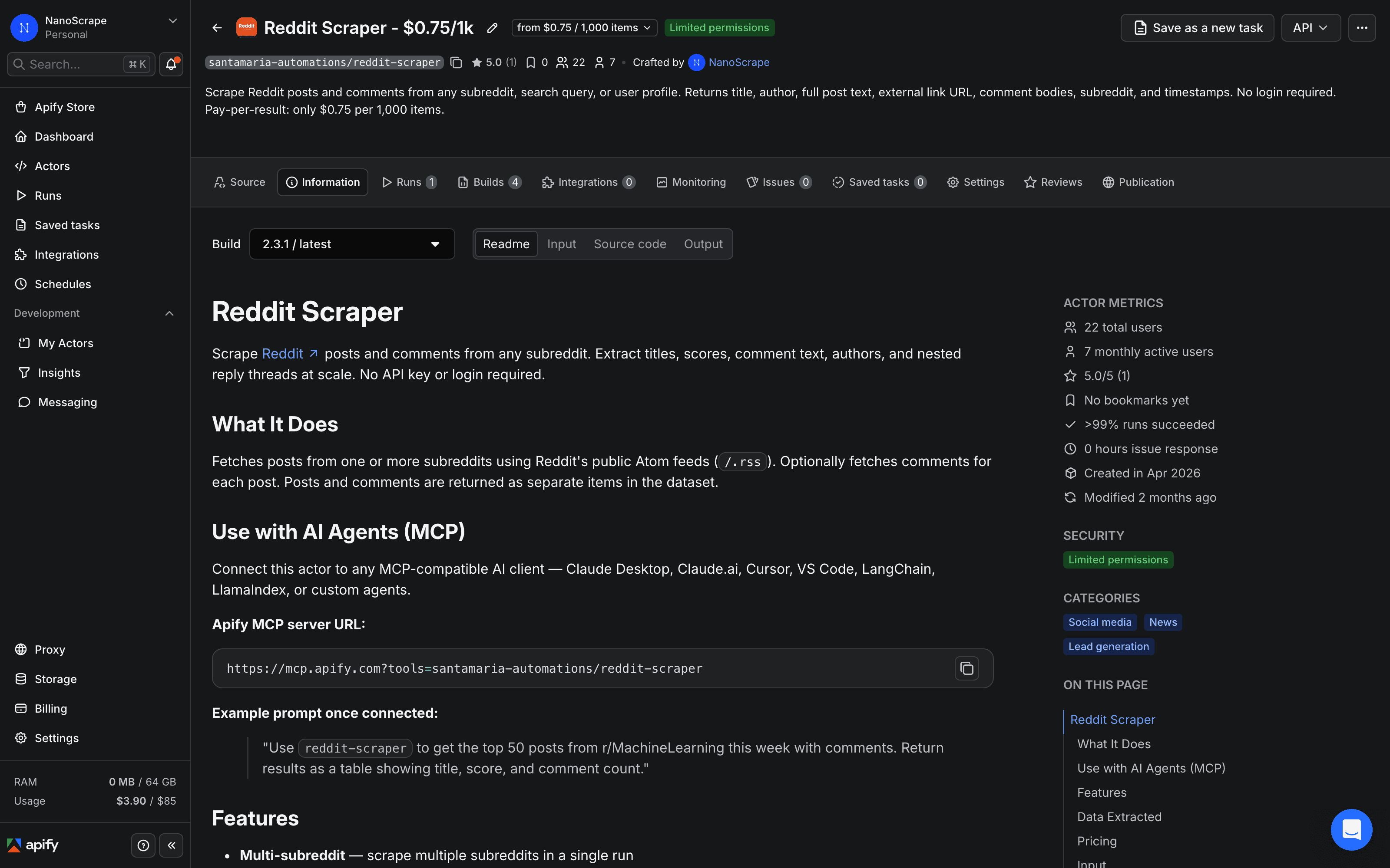 Apify actor page for the NanoScrape Reddit Scraper showing the title, description, and a Try for free button