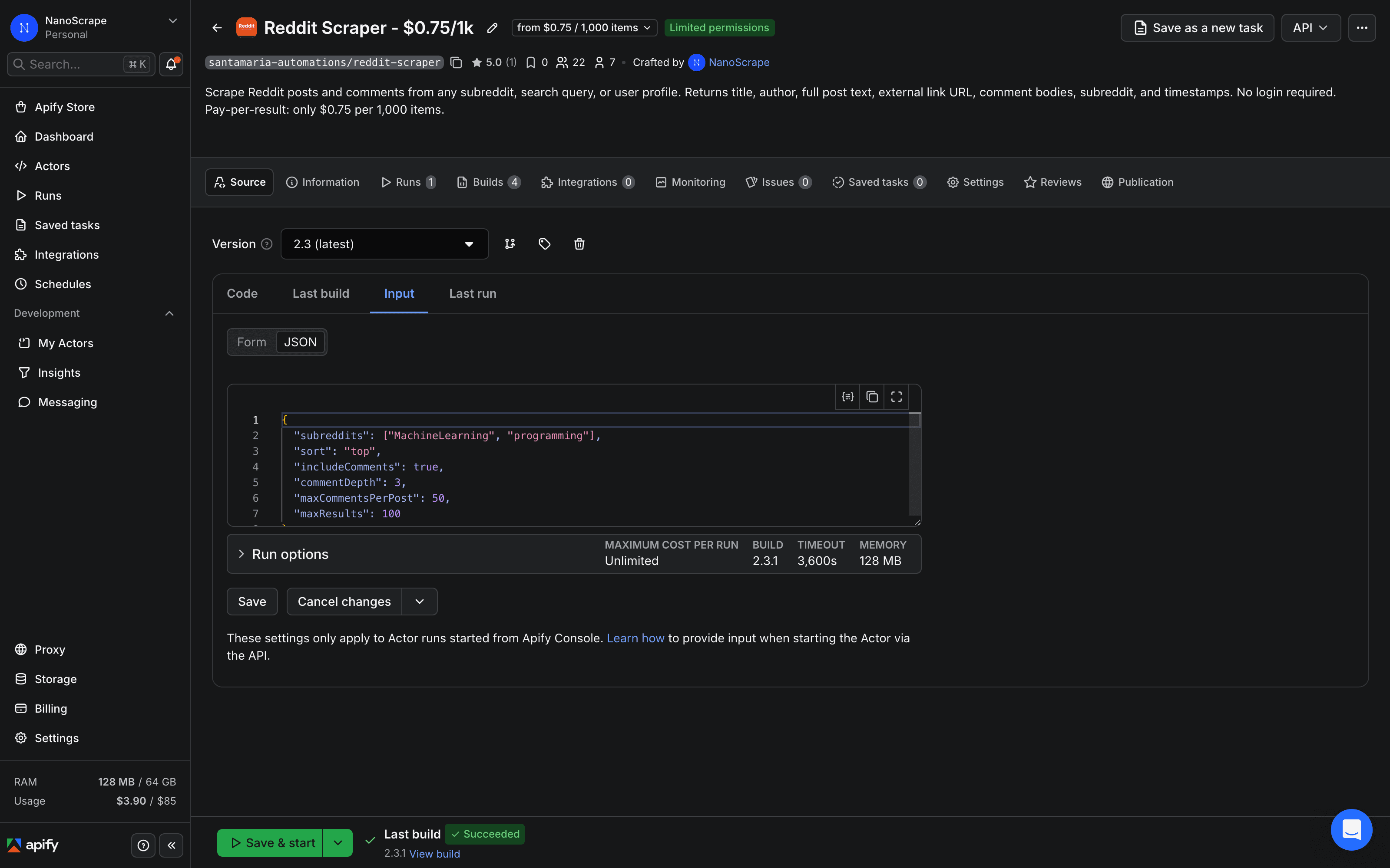 Apify Console Input tab in JSON editor mode showing subreddits array, sort set to top, includeComments true, and maxResults set to 100