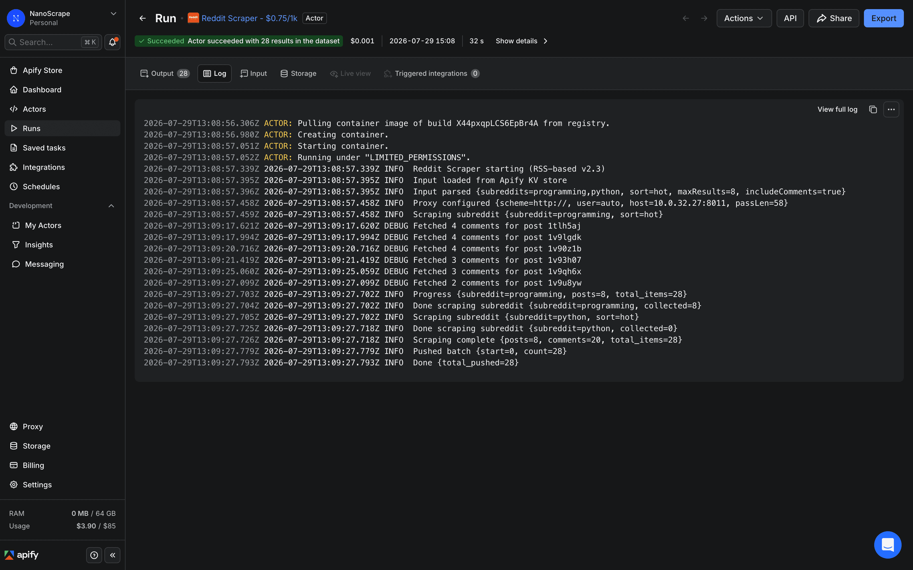 Apify Console run log view showing the Reddit Scraper processing multiple subreddits with progress messages and item counts