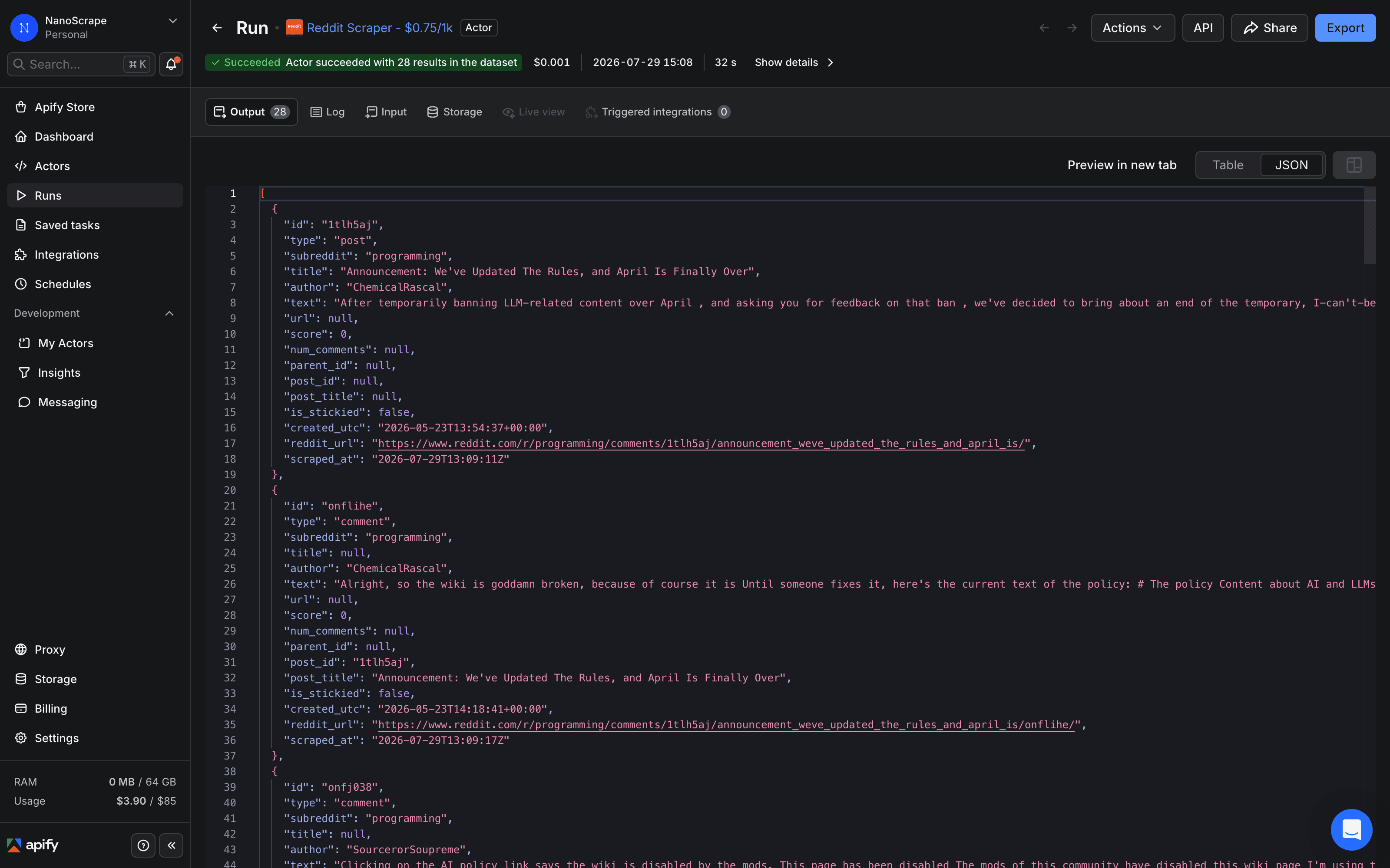 Apify dataset preview showing Reddit results with type, subreddit, title, author, and text columns across multiple rows including both posts and comments