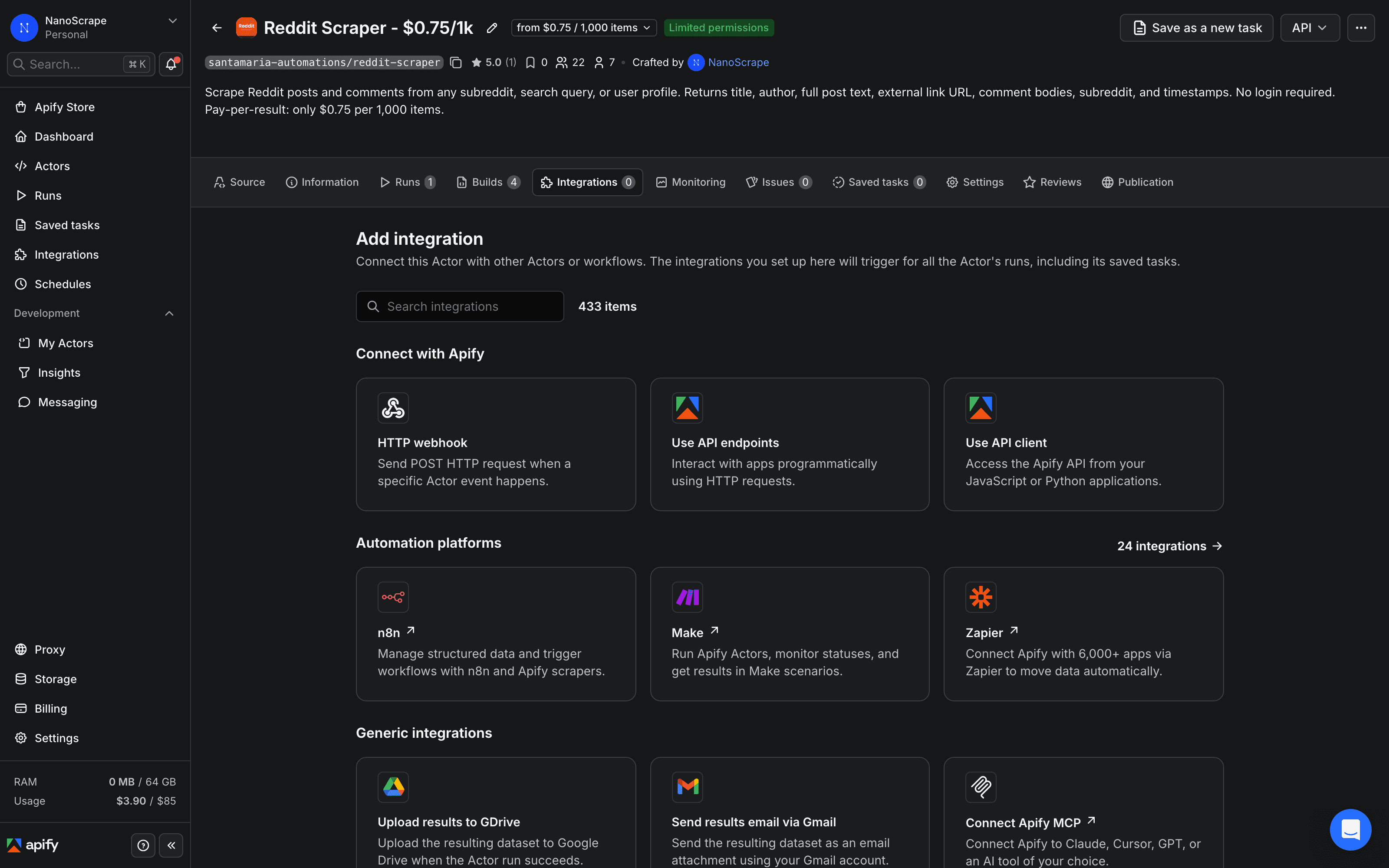Apify Console Integrations panel with Google Sheets, Airtable, and Webhook options listed for the Reddit Scraper
