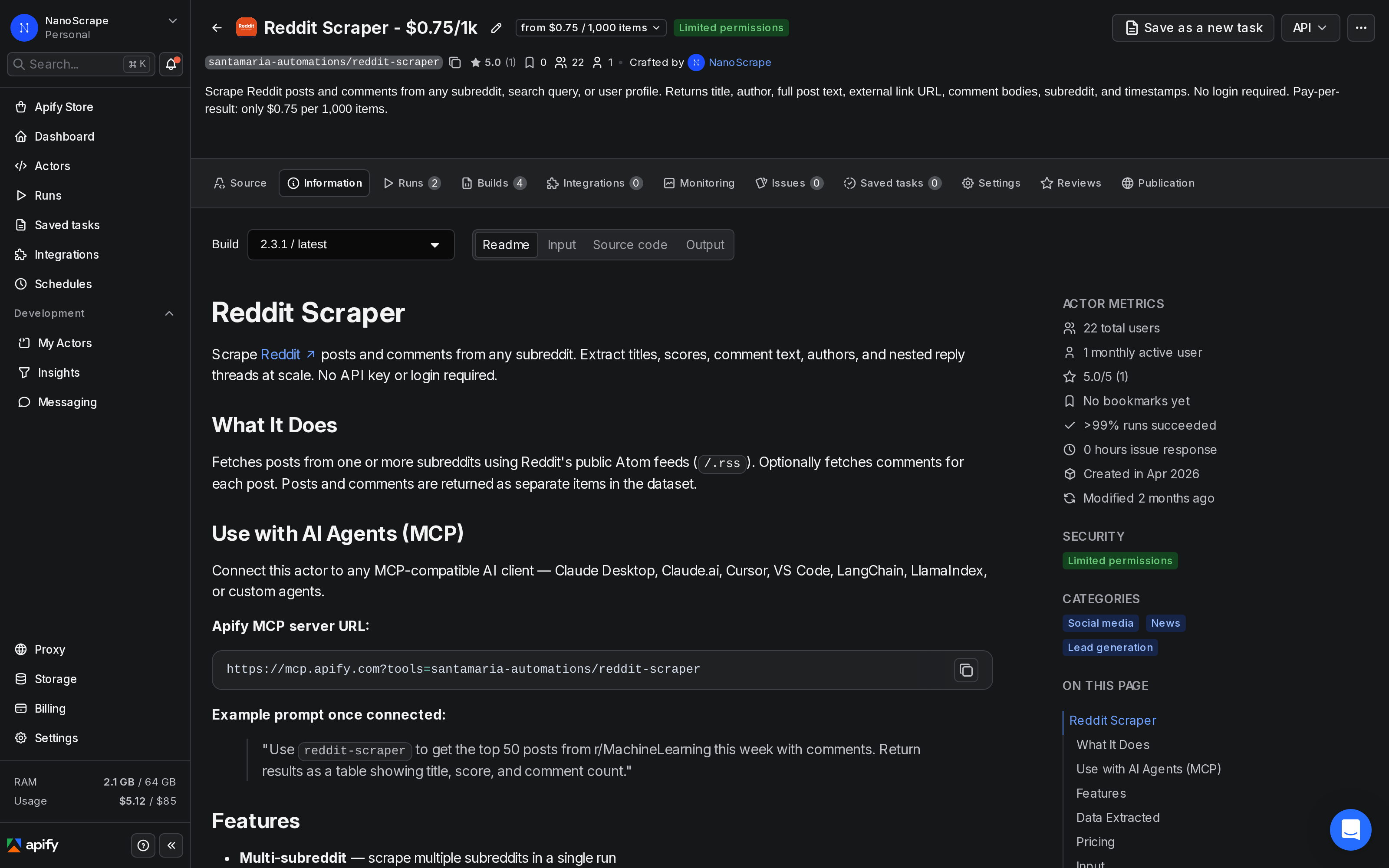 NanoScrape Reddit Scraper actor page on Apify showing description, pay-per-result pricing, and Try for free button