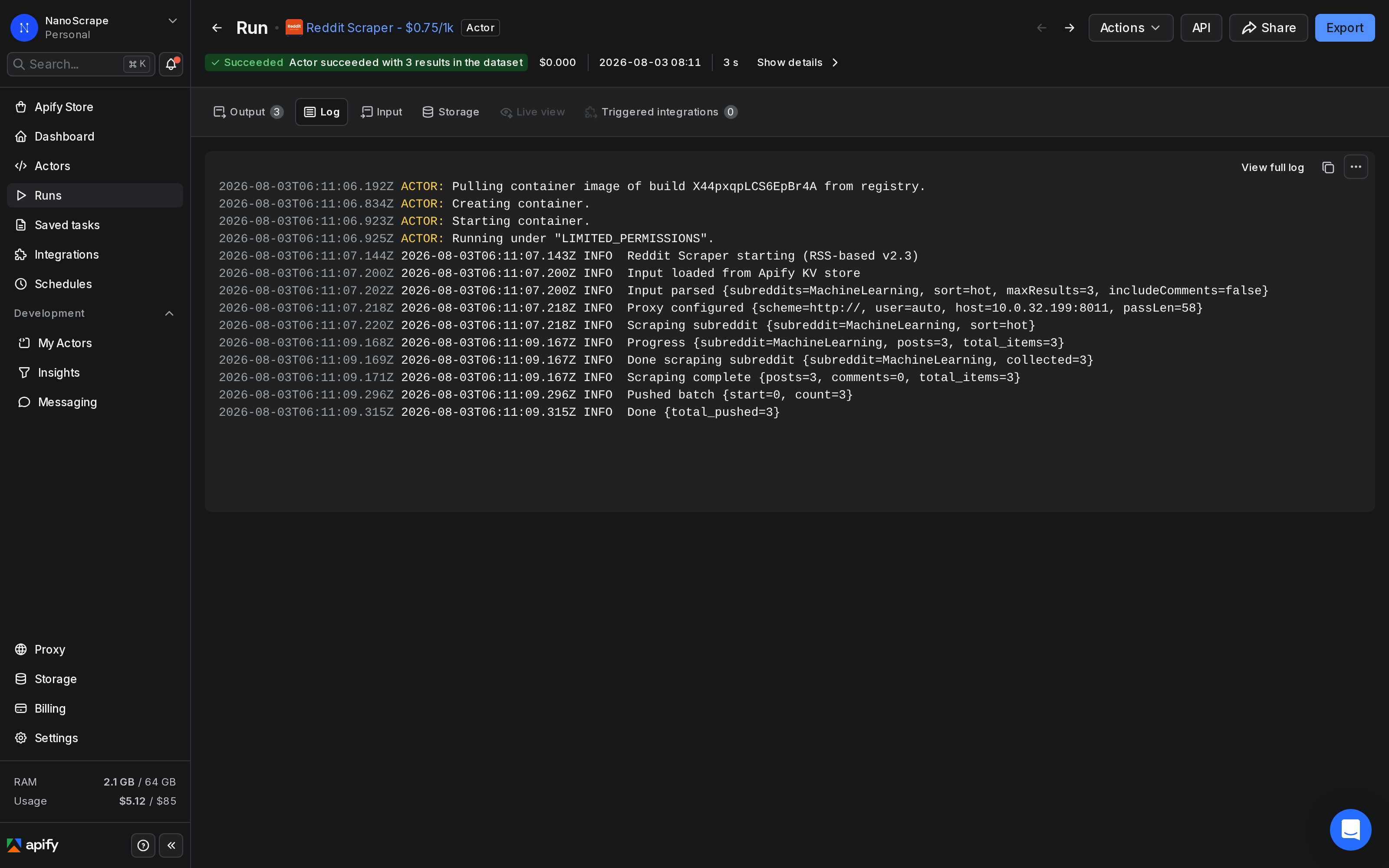 Apify Console run log showing the Reddit Scraper processing subreddits and streaming items into the dataset in real time