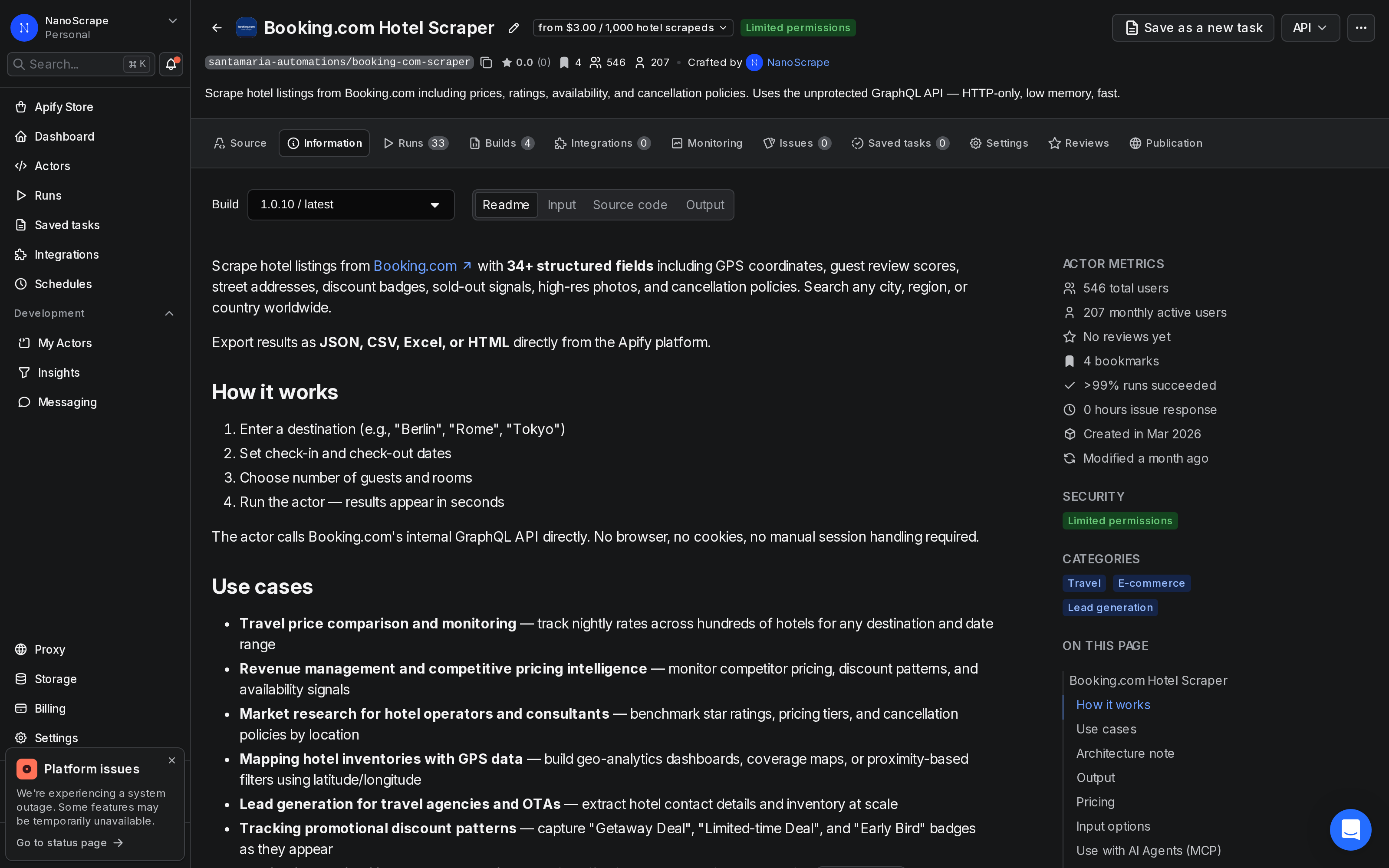 Apify Console showing the Booking.com Hotel Scraper actor page with the Information tab active, displaying the actor description, pricing, and Try for free button