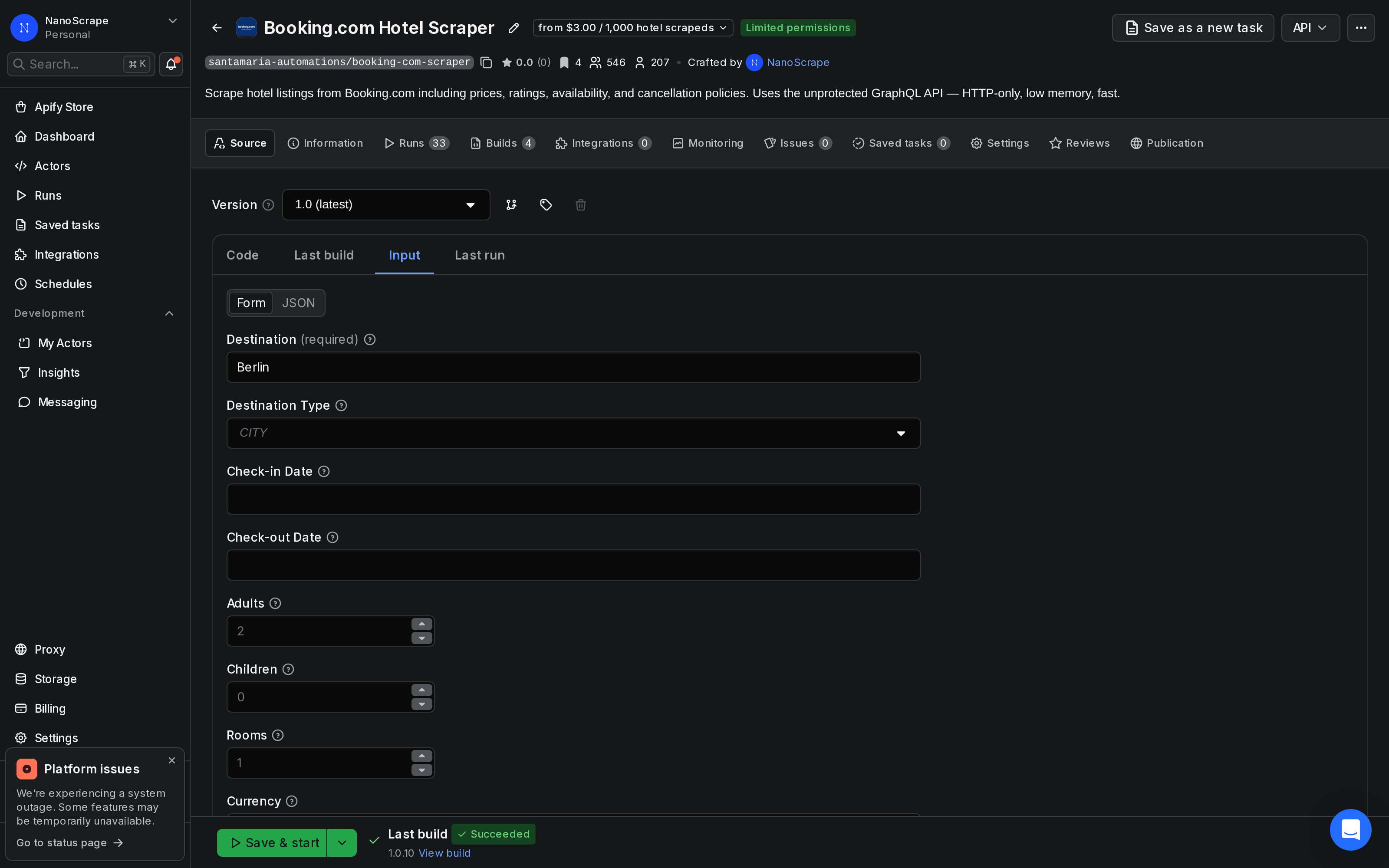 Apify Console showing the Booking.com Hotel Scraper input form with destination set to Barcelona, check-in and check-out dates filled in, and maxResults set to 50