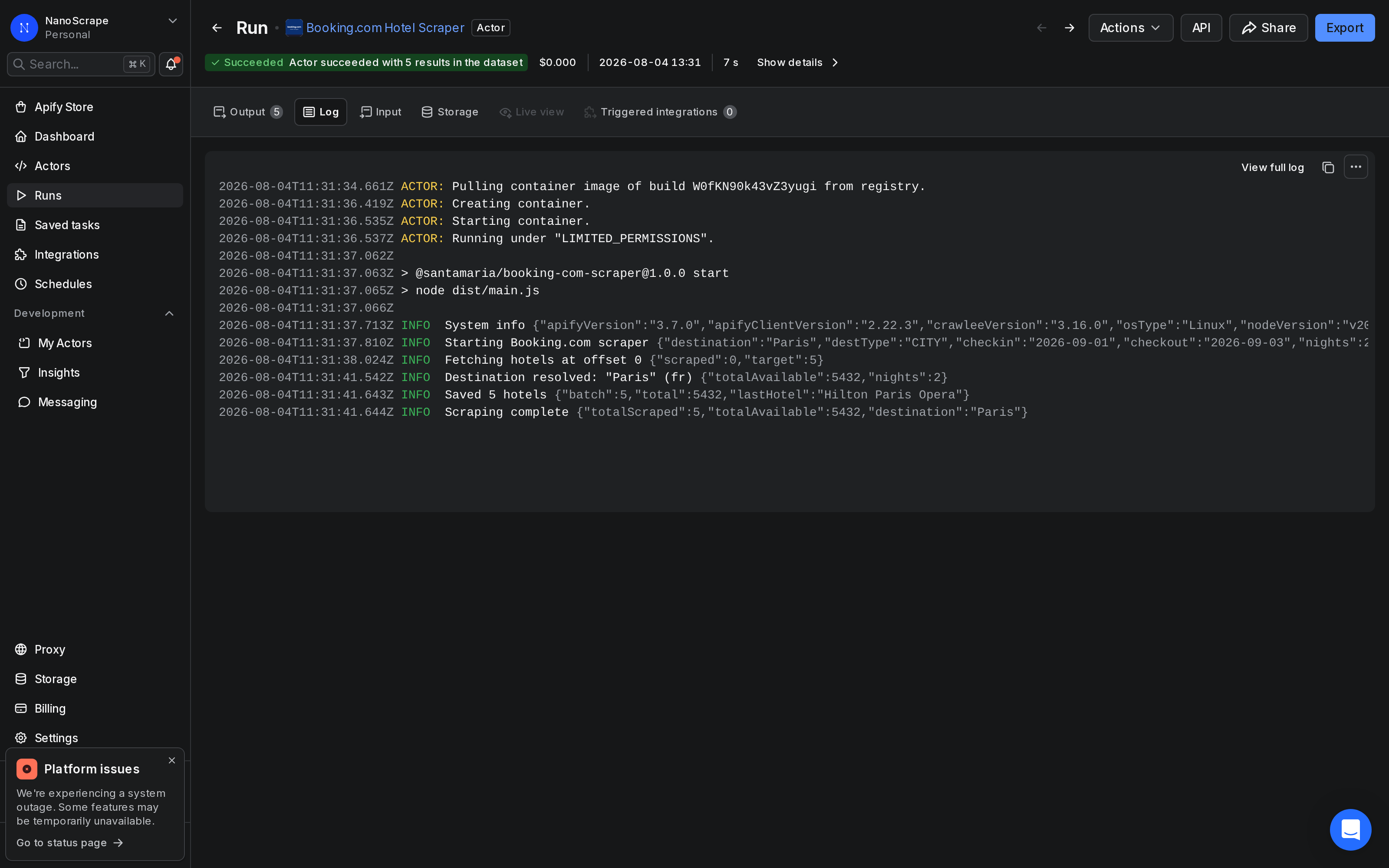 Apify Console run log for the Booking.com Hotel Scraper showing successful page fetches and hotel count incrementing in real time