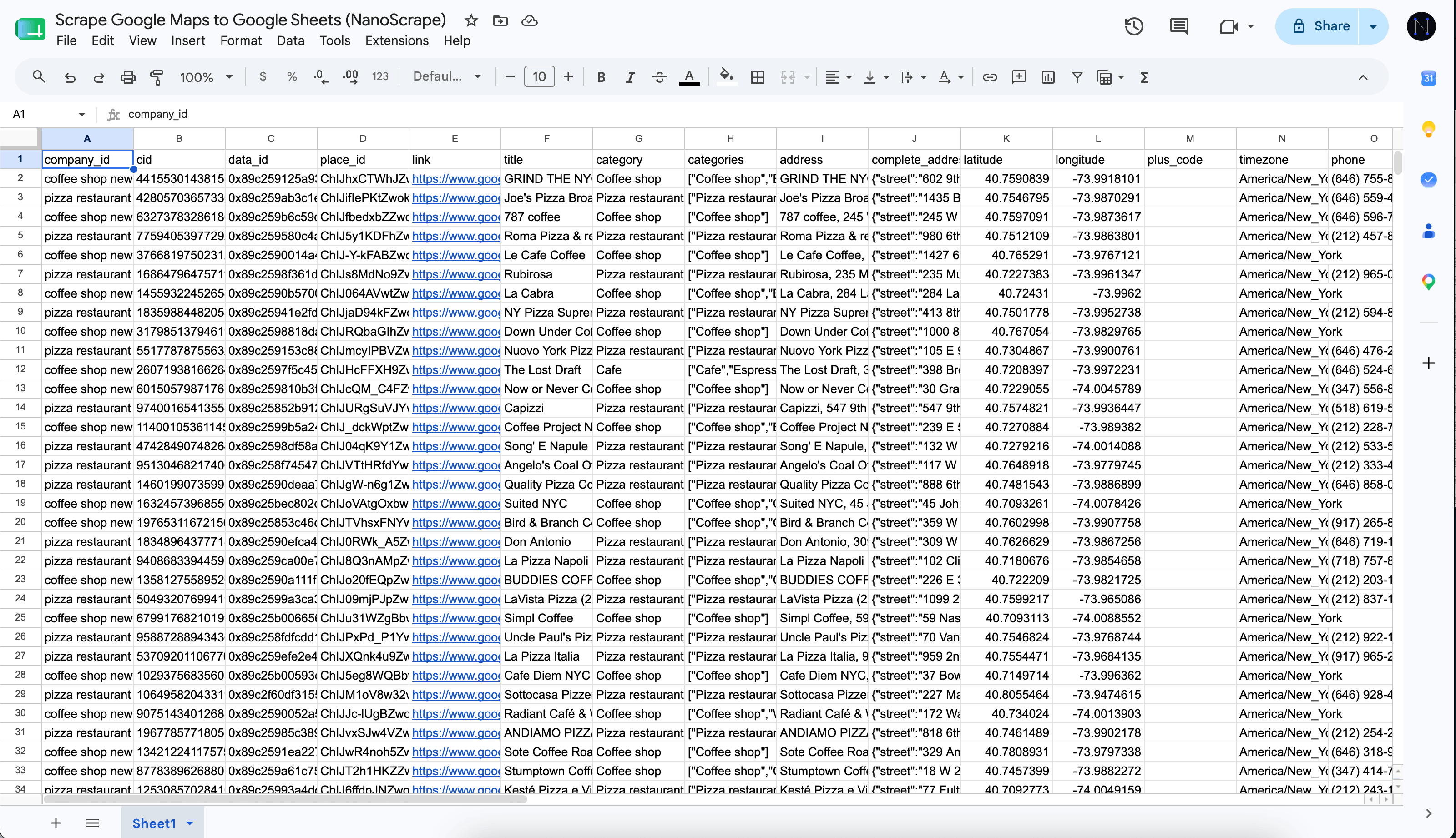 Google Sheet populated with Google Maps results: title, category, address, phone, website, rating, review count and other fields across many rows