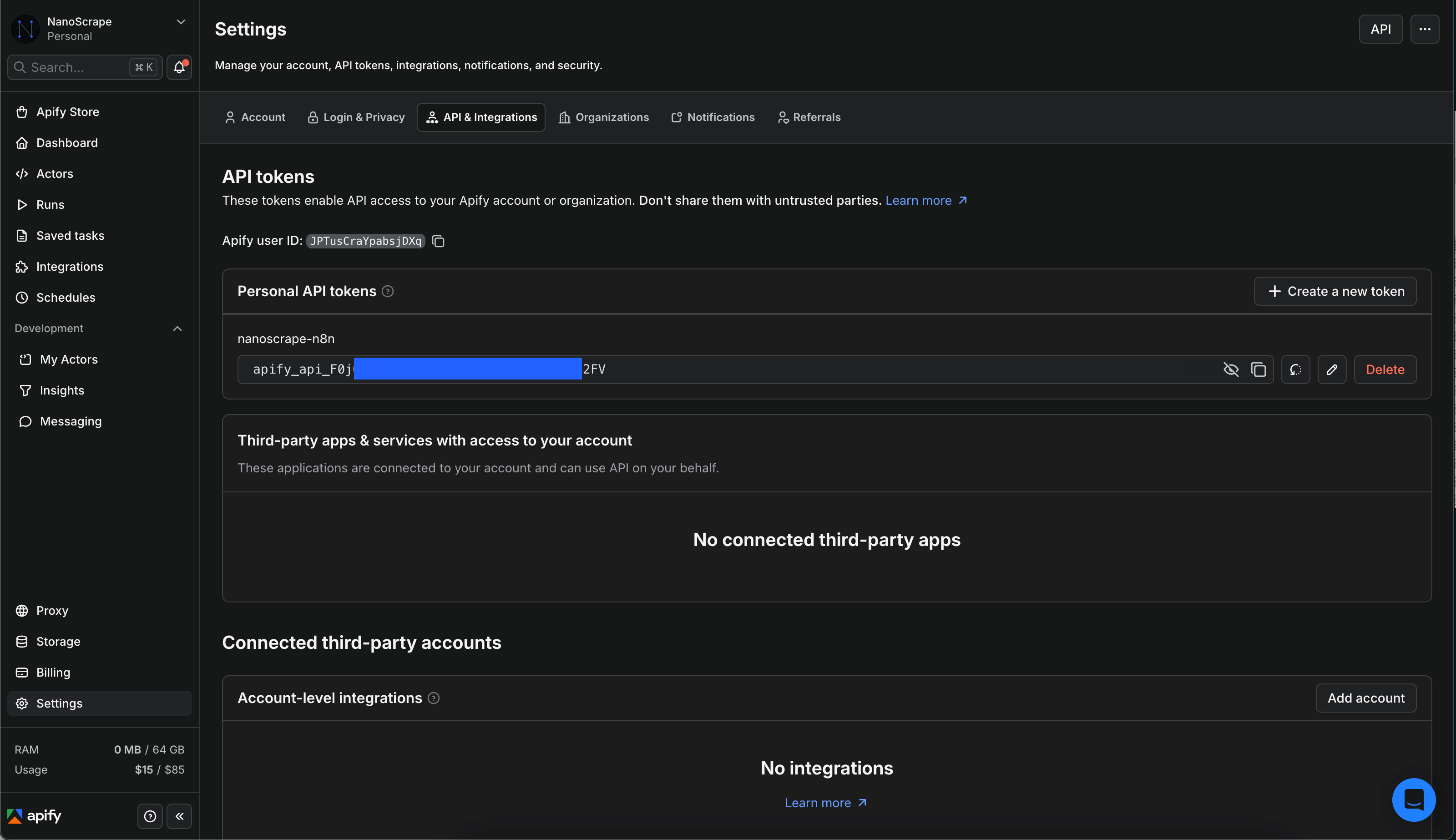 Apify Console Settings page showing the Integrations tab with the Personal API token field