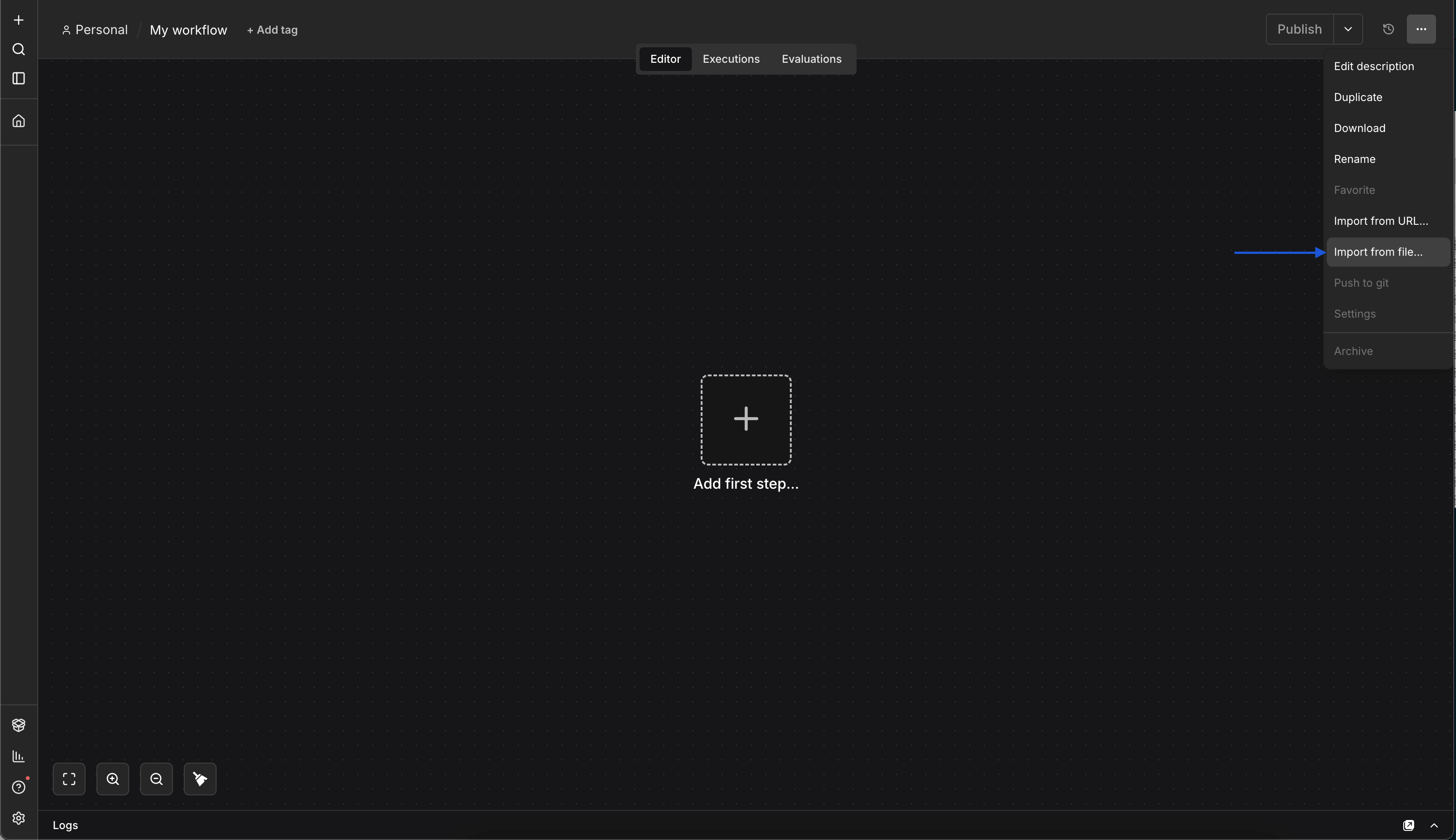 n8n workflows list with the top-right three-dot menu open, highlighting the Import from File option