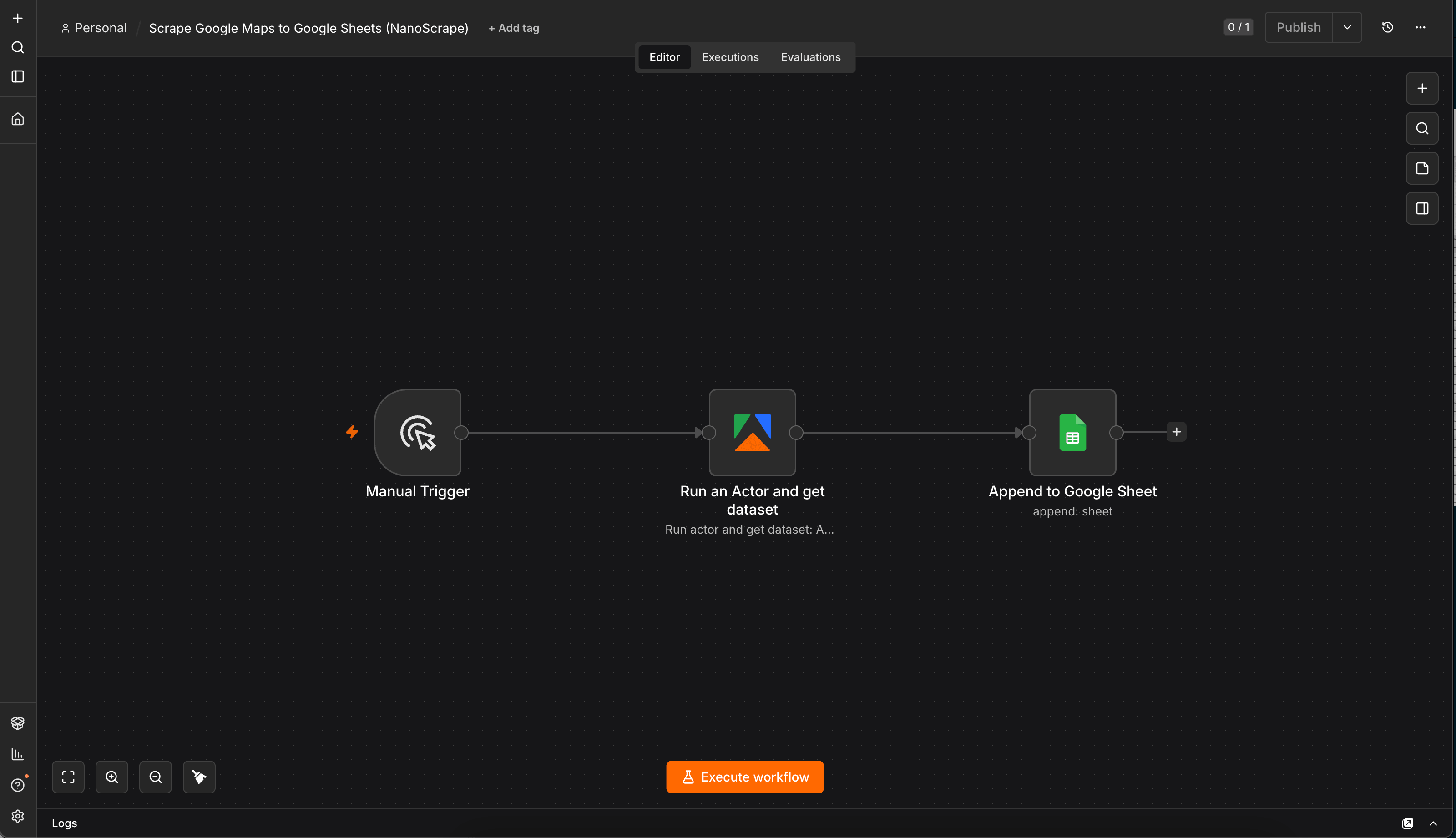 n8n canvas after import showing three nodes wired left to right: Manual Trigger, Run an Actor and get dataset, Append to Google Sheet