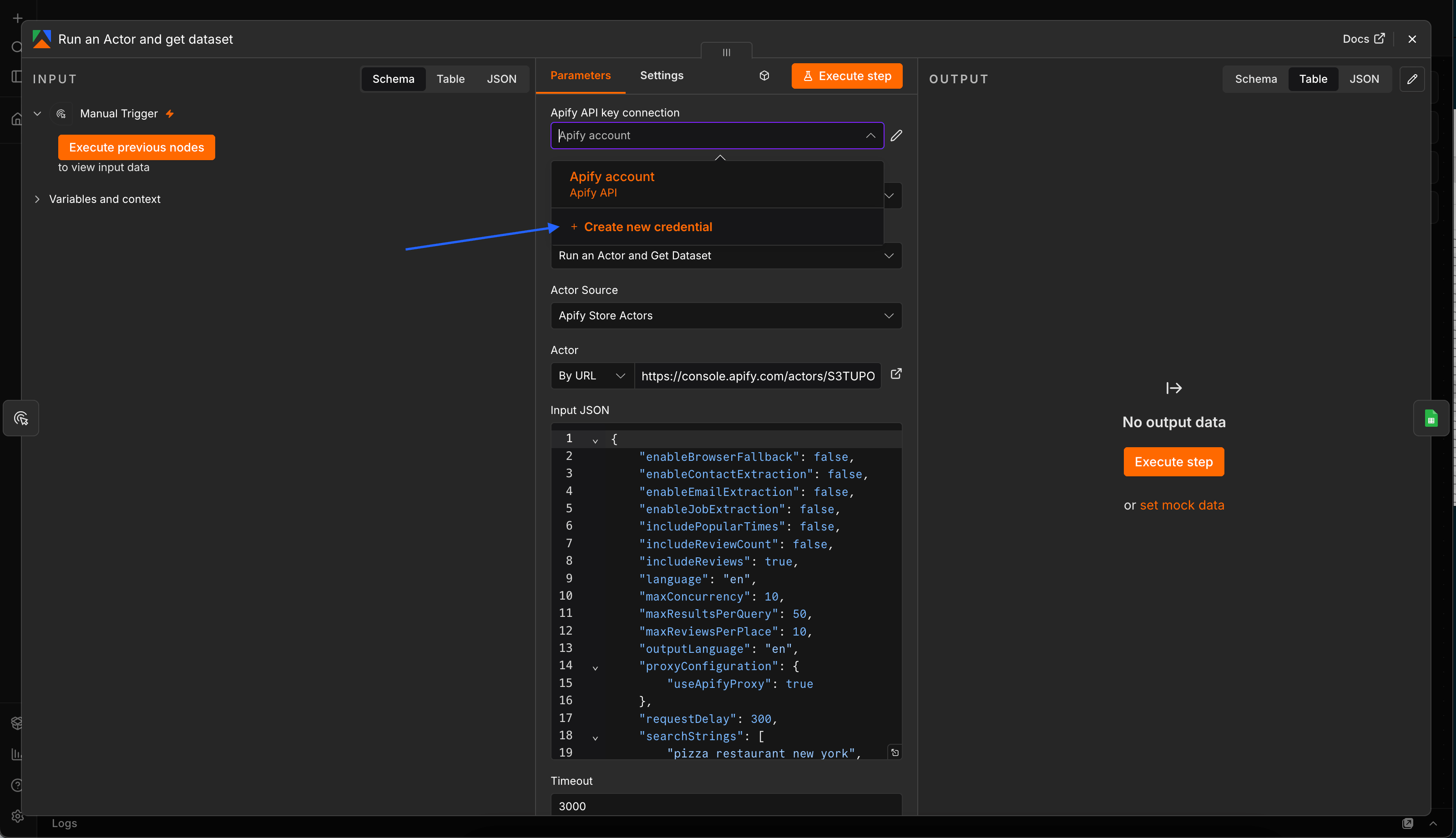 n8n Apify node with the Credential to connect with dropdown expanded, showing Create new credential
