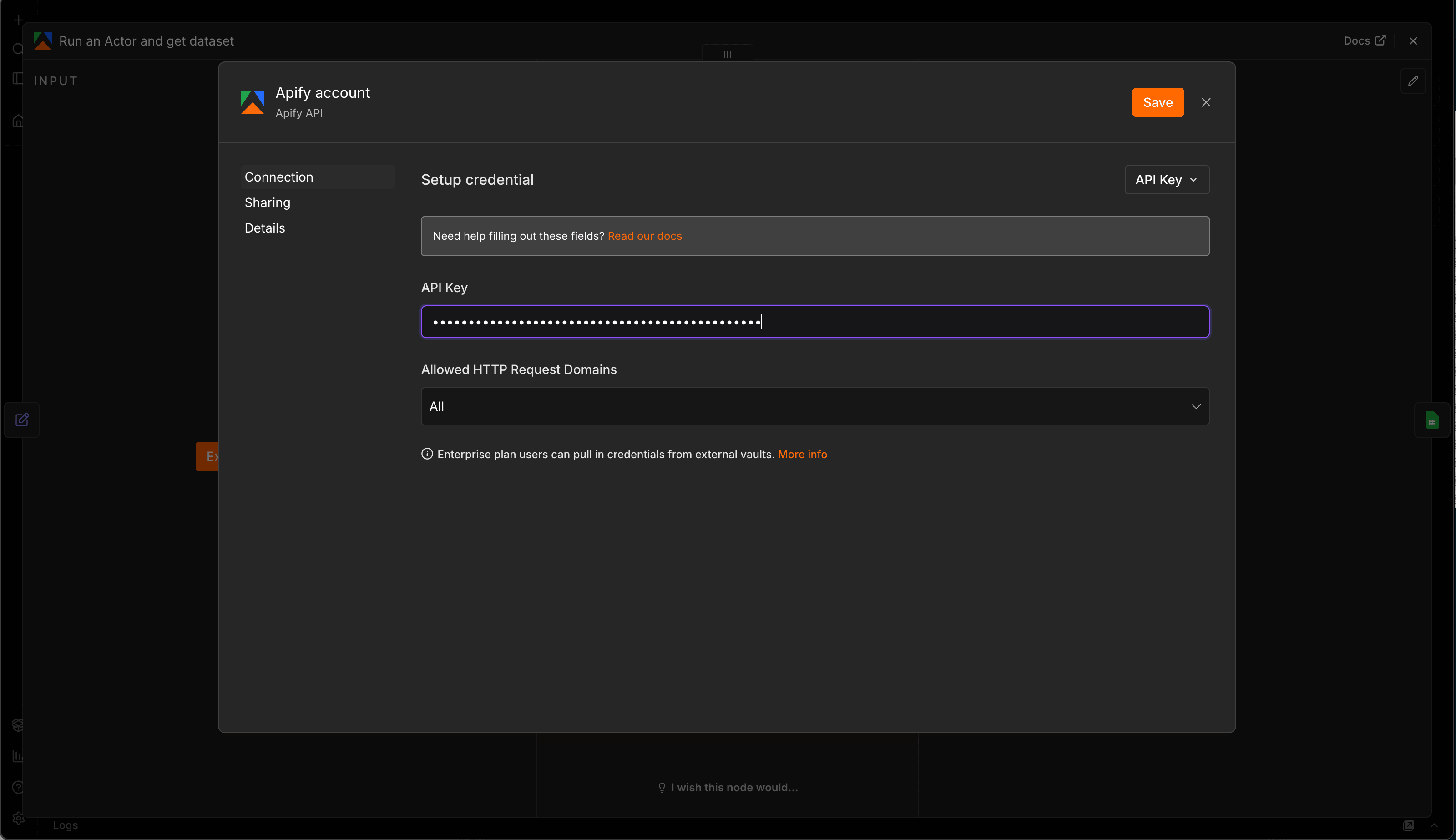 n8n credential creation panel for Apify with the API token field ready to paste