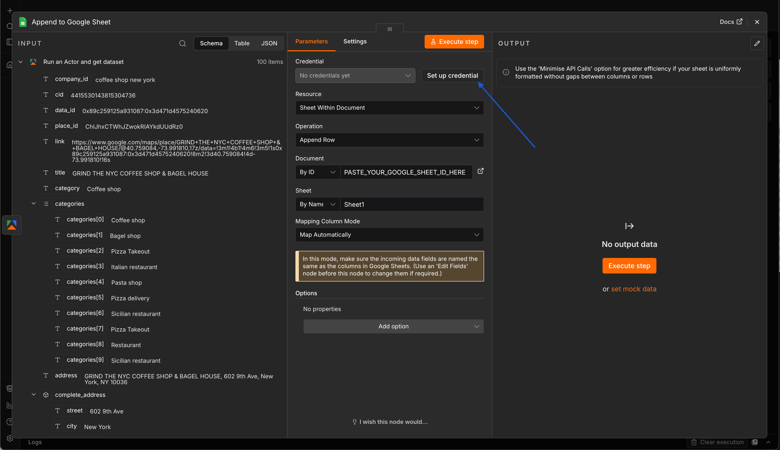 n8n Google Sheets credential creation panel with Sign in with Google button