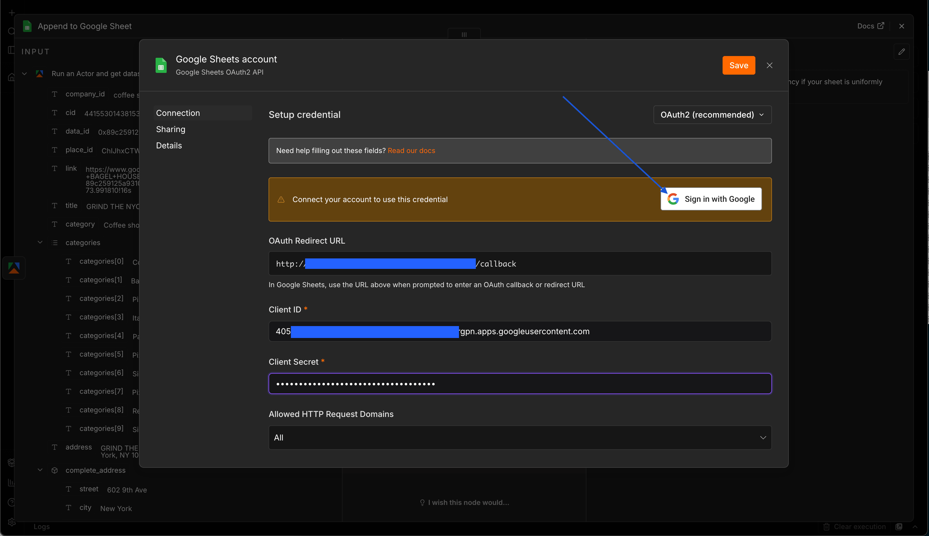 Google OAuth consent screen granting n8n access to Google Sheets