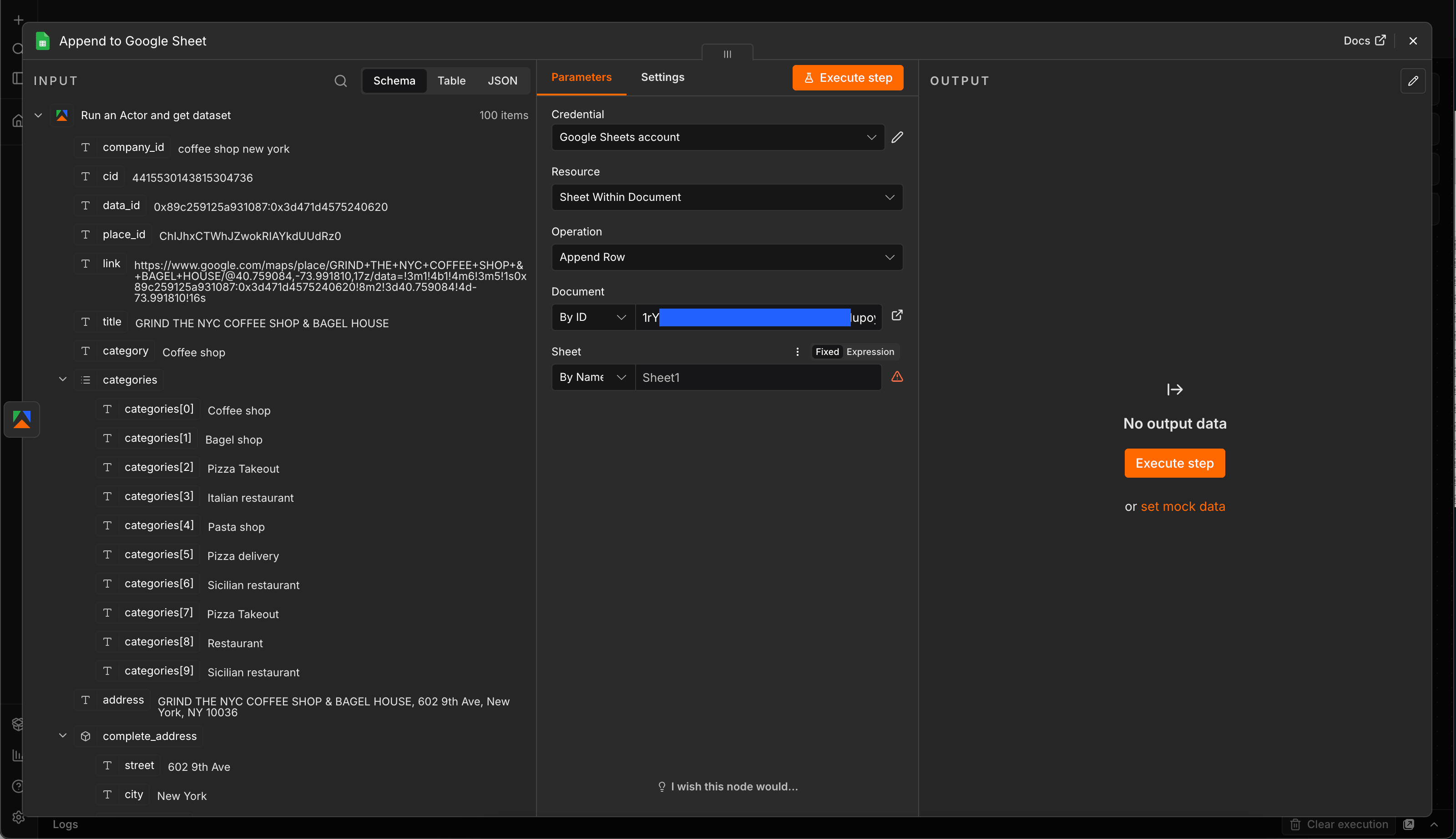 Configured Append to Google Sheet node with Document ID and sheet name filled