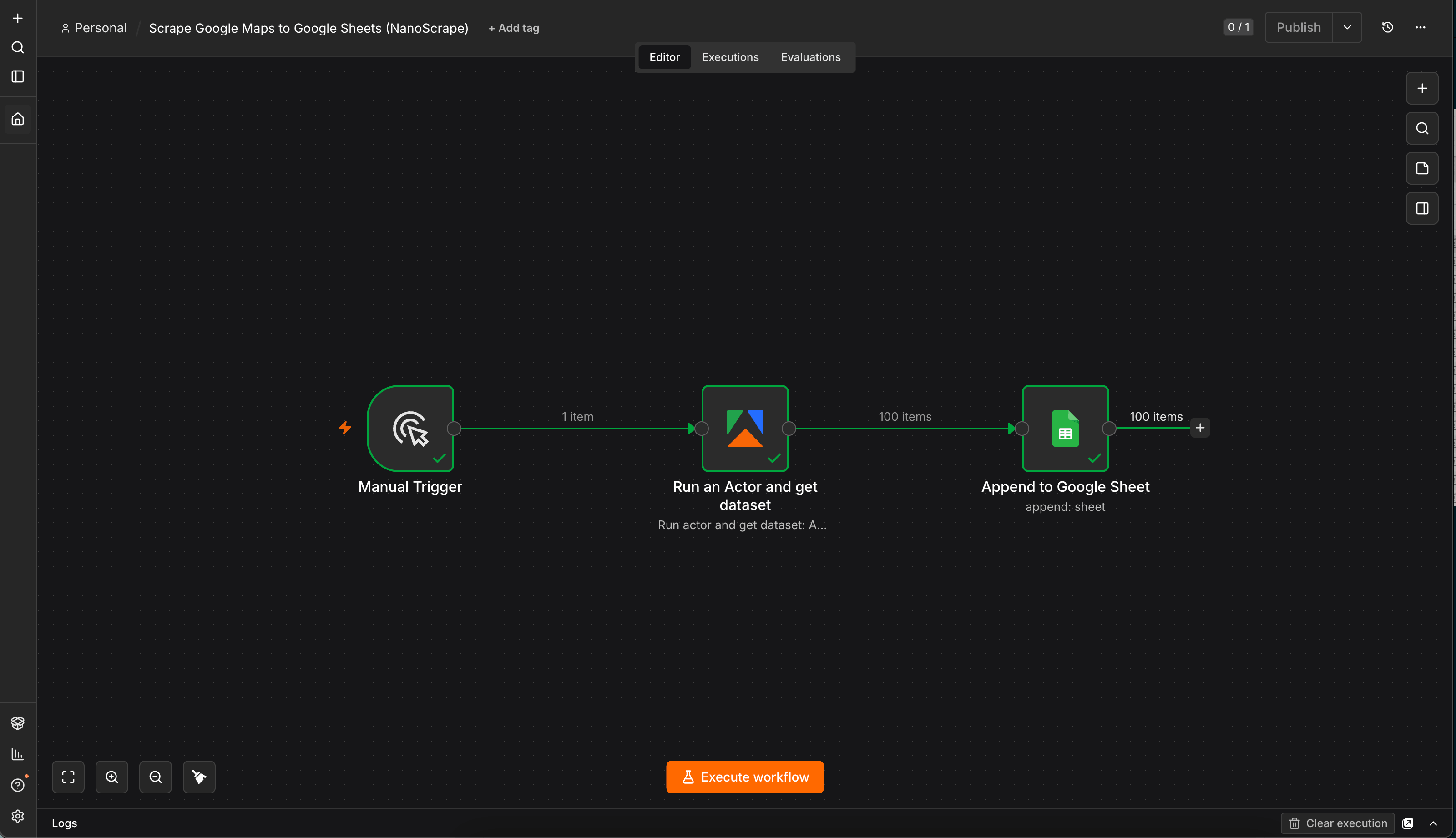n8n canvas after a successful run showing all nodes with green checkmarks, next to the populated Google Sheet