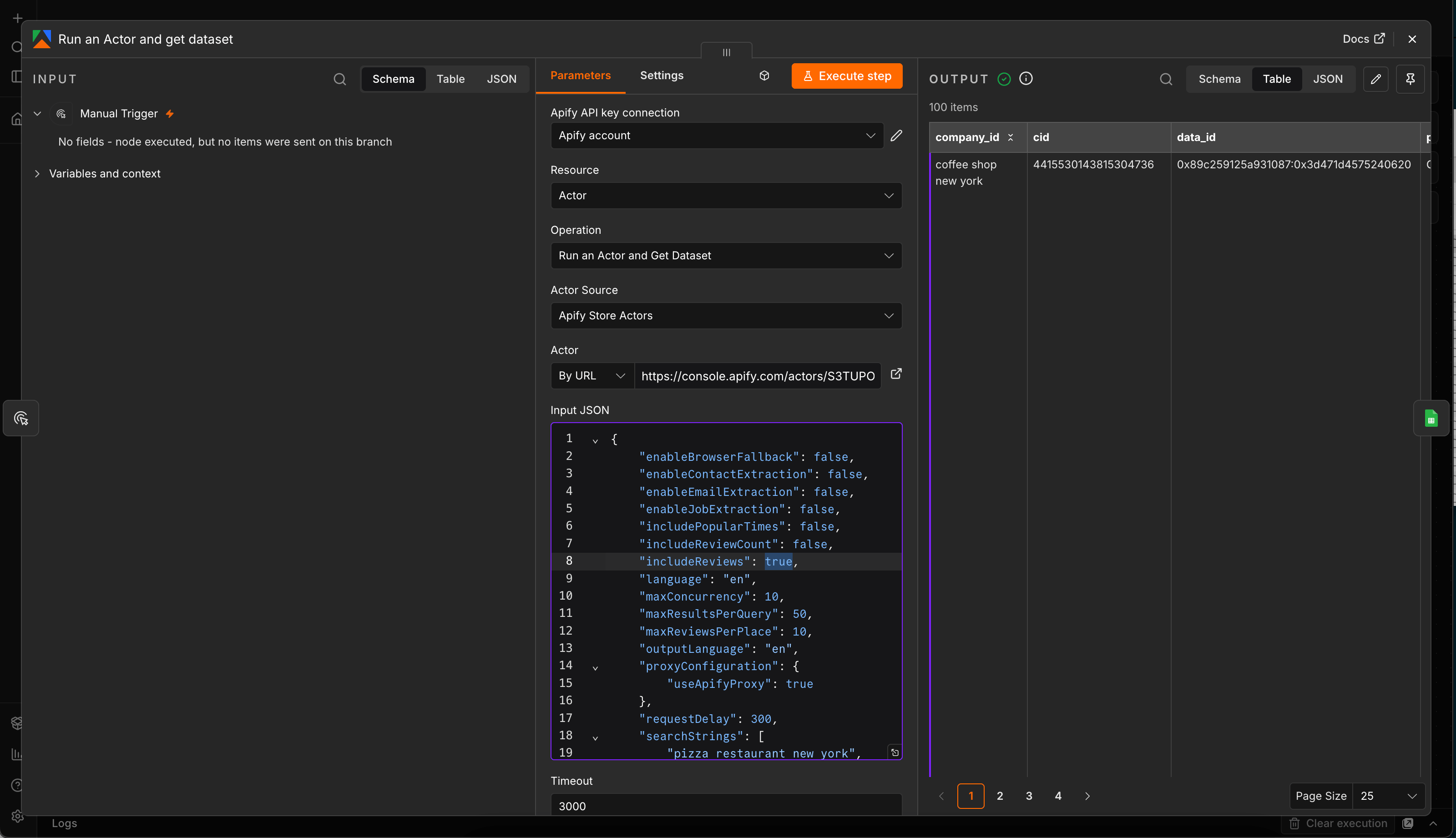 Input JSON field of the Apify node with includeReviews, maxReviewsPerPlace, includePopularTimes and other enrichment options set