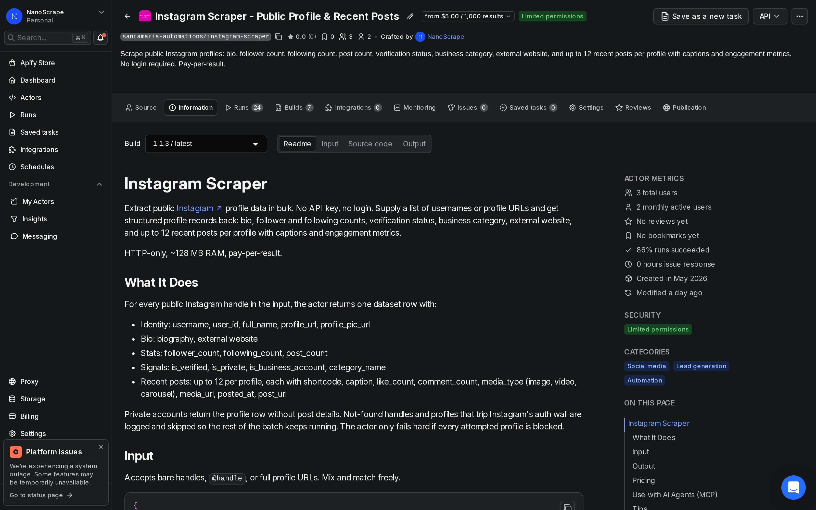 NanoScrape Instagram Scraper actor page on Apify showing the Information tab with description and pricing details