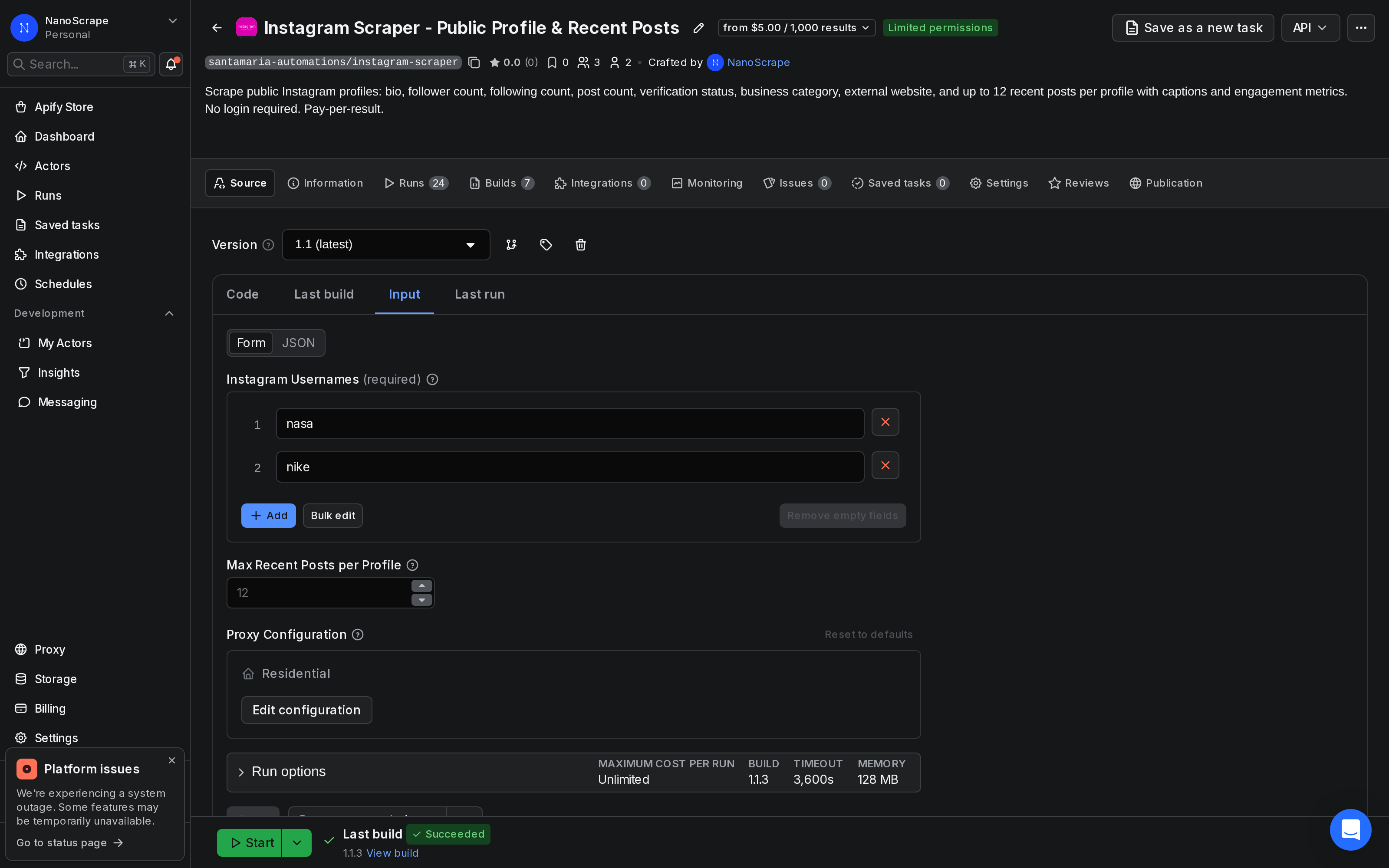 Apify Console input editor for the Instagram Scraper with usernames array and maxPostsPerProfile set to 0