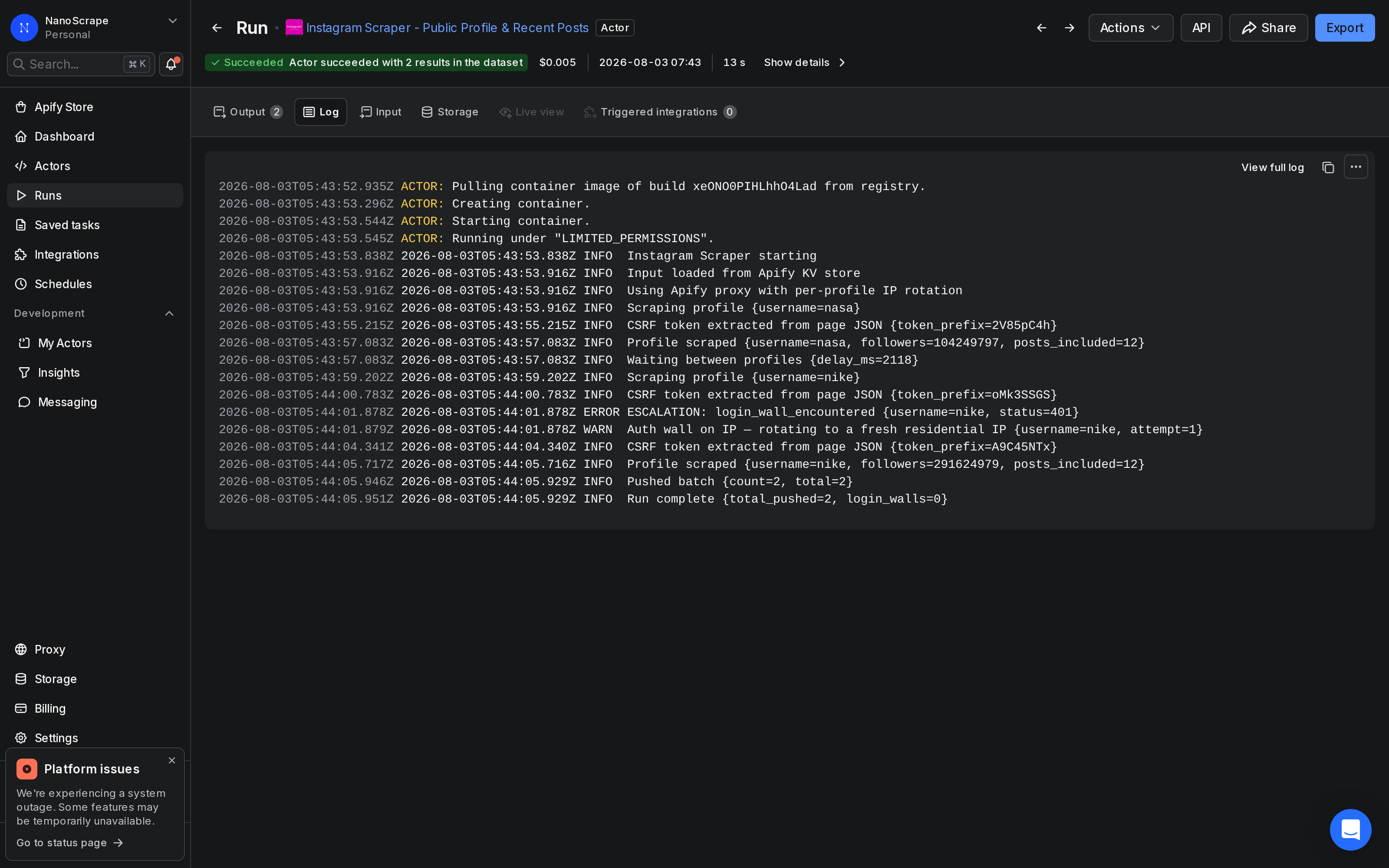 Apify Console run log for the Instagram Scraper showing profile scraping progress with follower counts per account