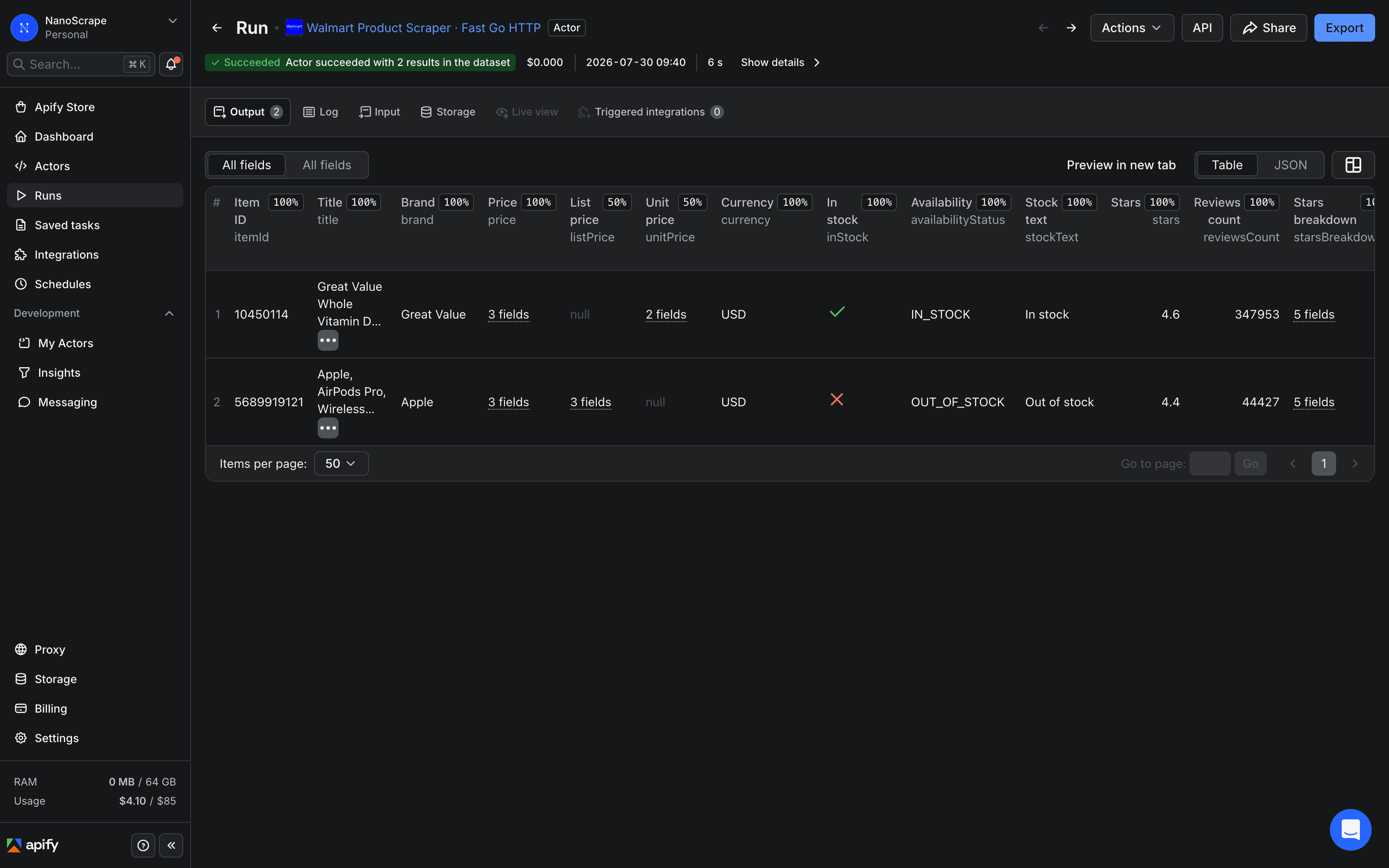 Table view of Walmart scraper dataset output showing product title, price, stars, reviewsCount, inStock, sellerType, and brand fields for multiple products