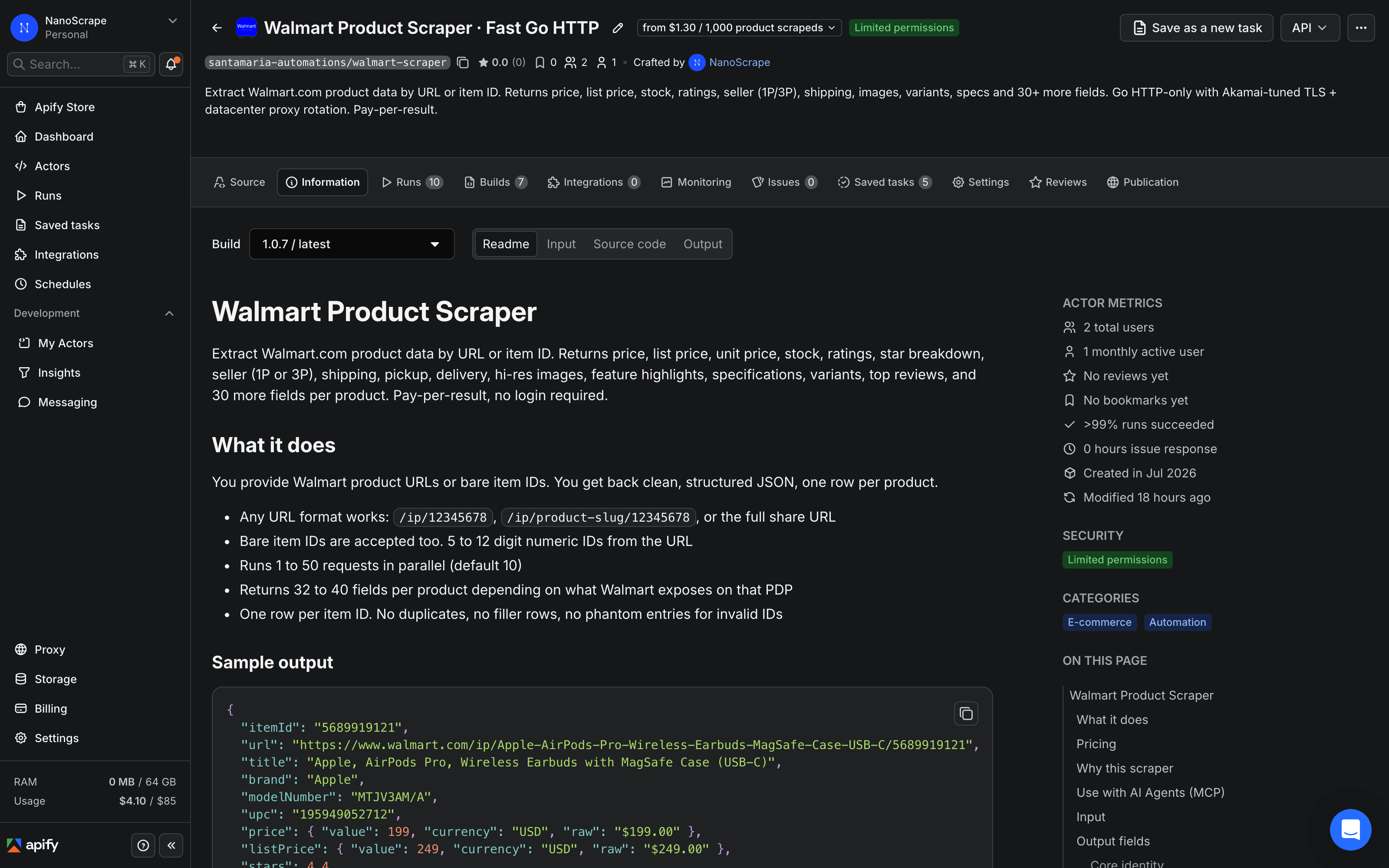 Apify actor page for the NanoScrape Walmart Product Scraper showing the actor description, pricing, and the Try for free button