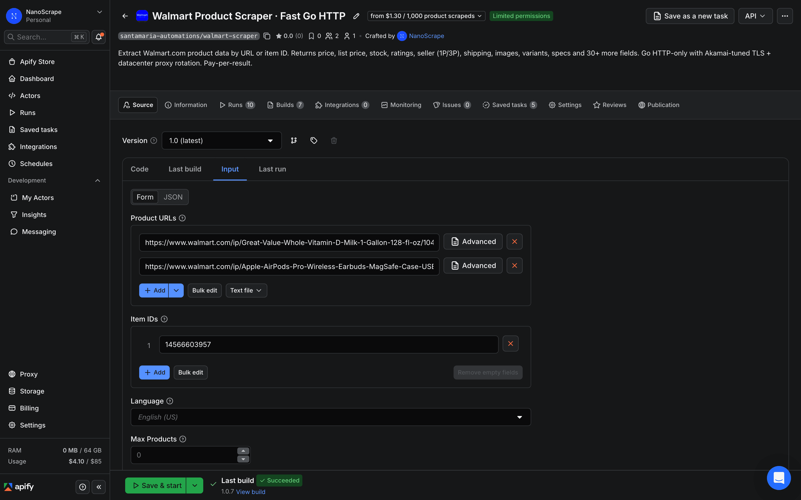 Apify Console input form for the Walmart Product Scraper showing the Start URLs field pre-filled with two product links and Item IDs field with numeric IDs