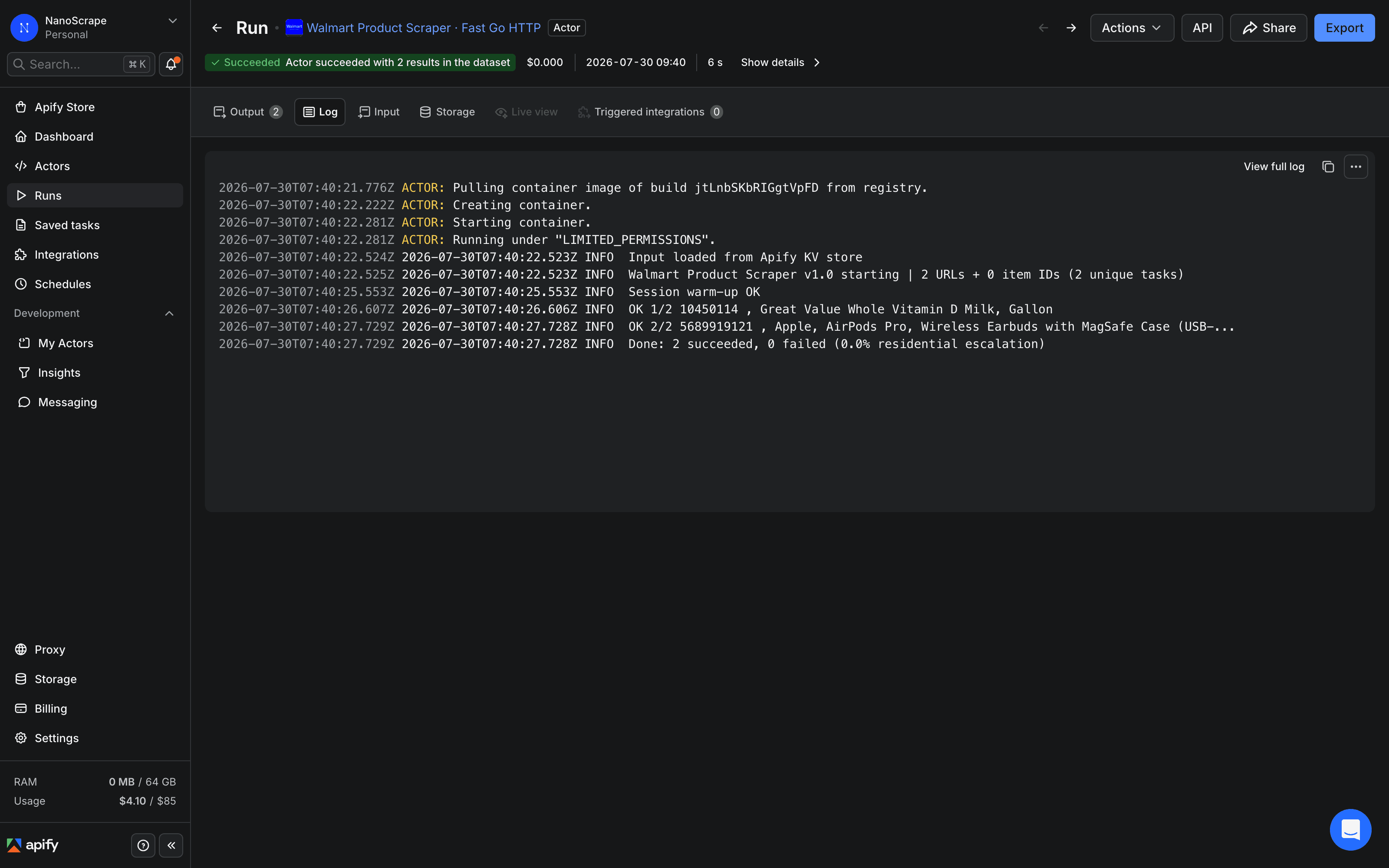 Apify Console run log tab for a Walmart scraper run showing per-product fetch status messages and the overall run duration