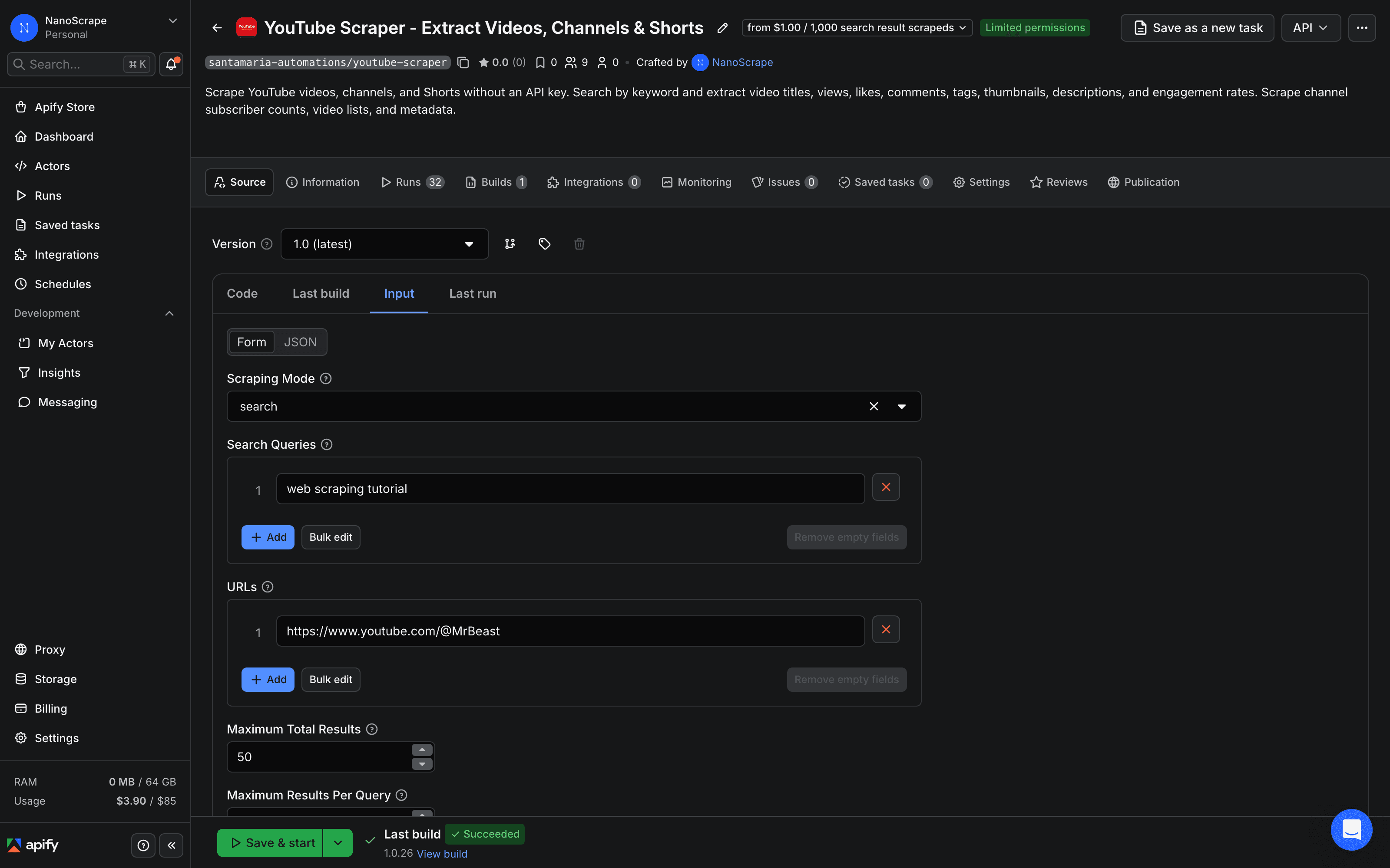 Apify Console showing the YouTube Scraper actor input form with the Mode dropdown and searchQueries field visible