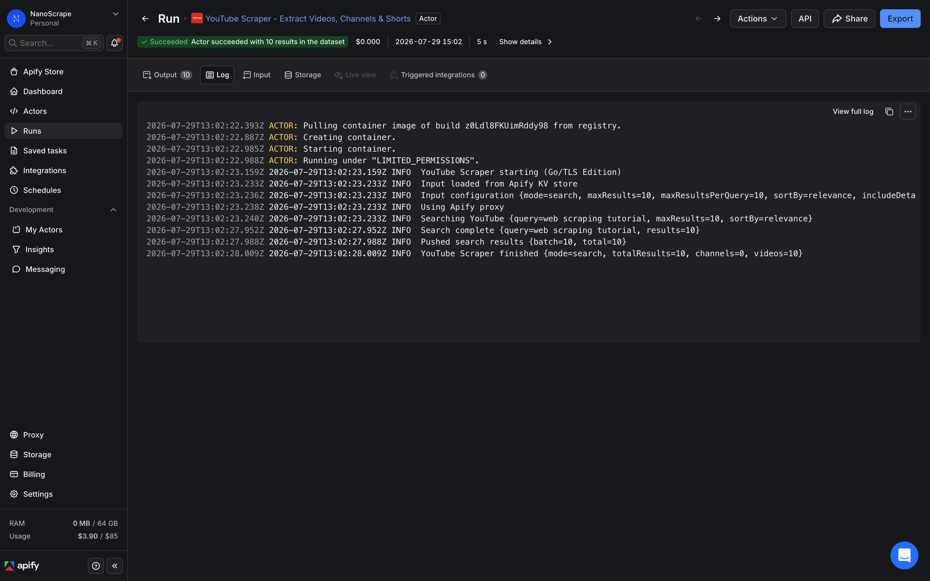 Apify Console run detail page showing a green SUCCEEDED status badge and the log showing 100 results scraped
